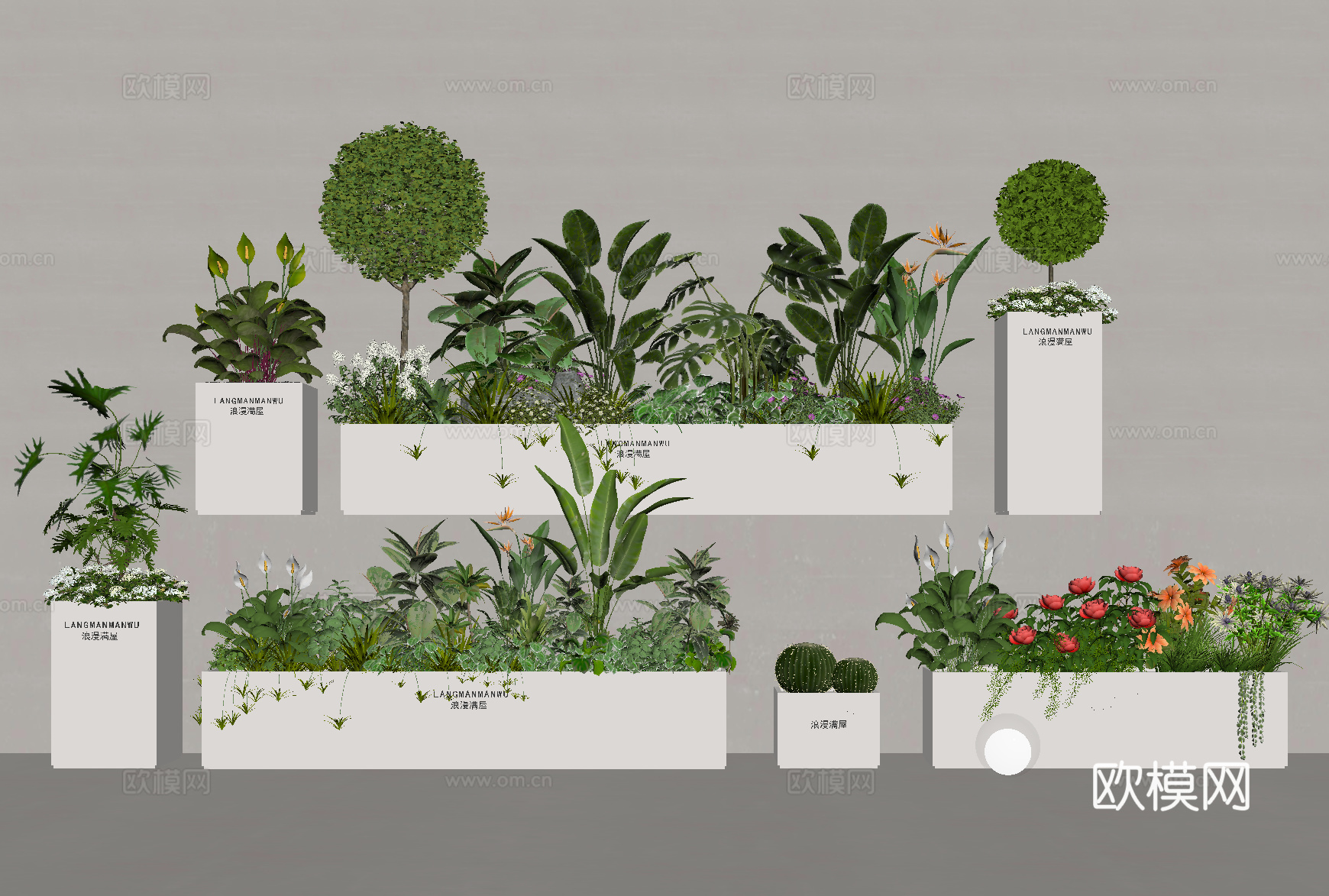 户外花箱 花槽 防腐木花箱 绿植su模型