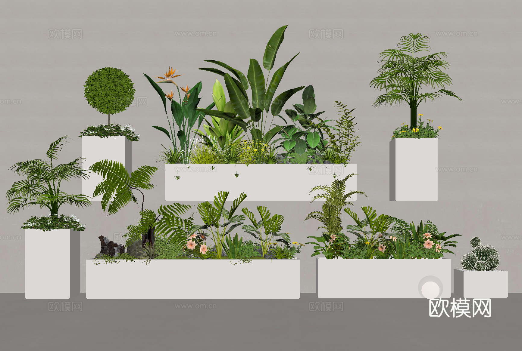 户外花箱 花槽 防腐木花箱 绿植su模型