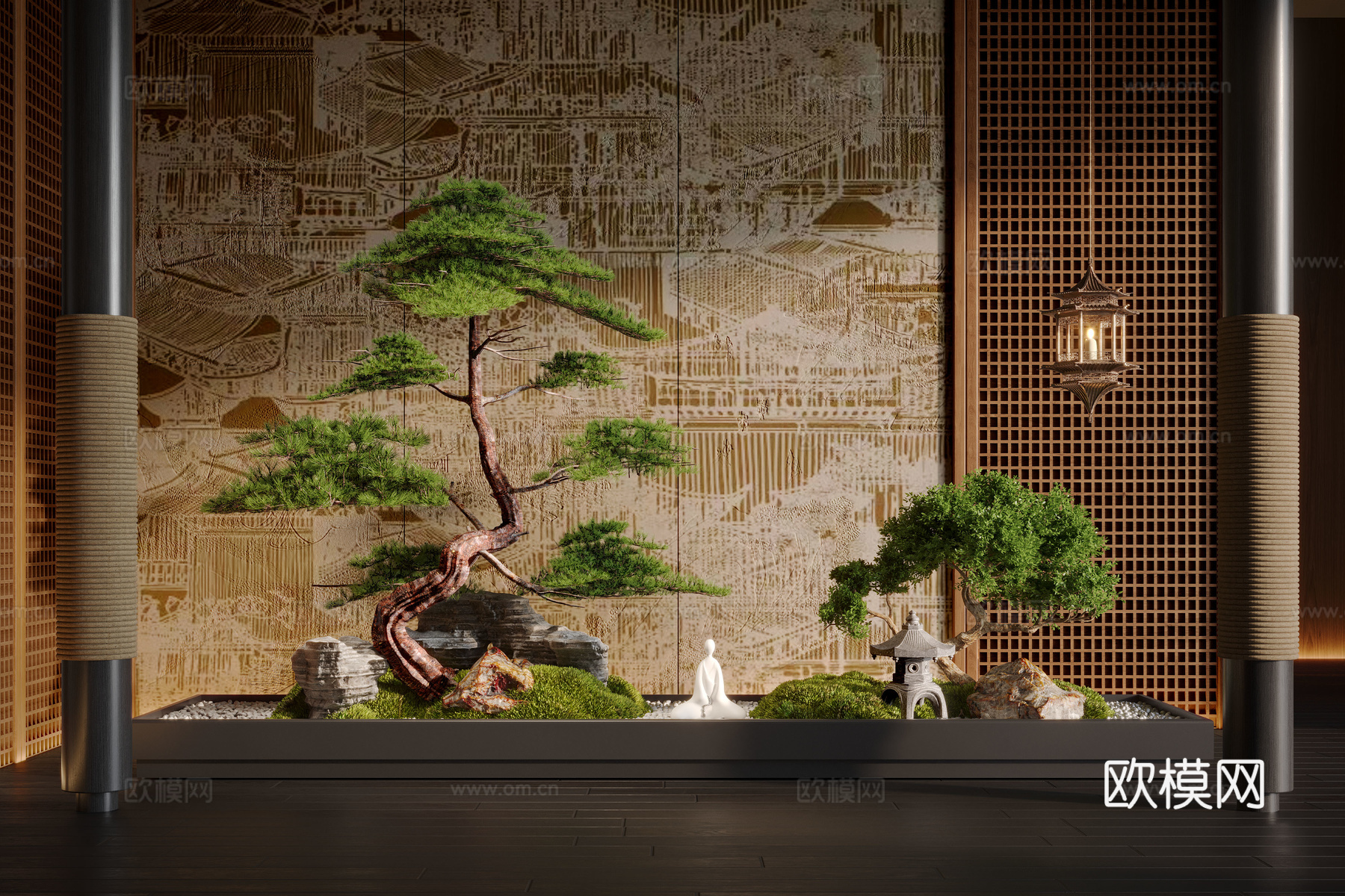 新中式室内景观植物造景 松树 苔藓 景观石su模型