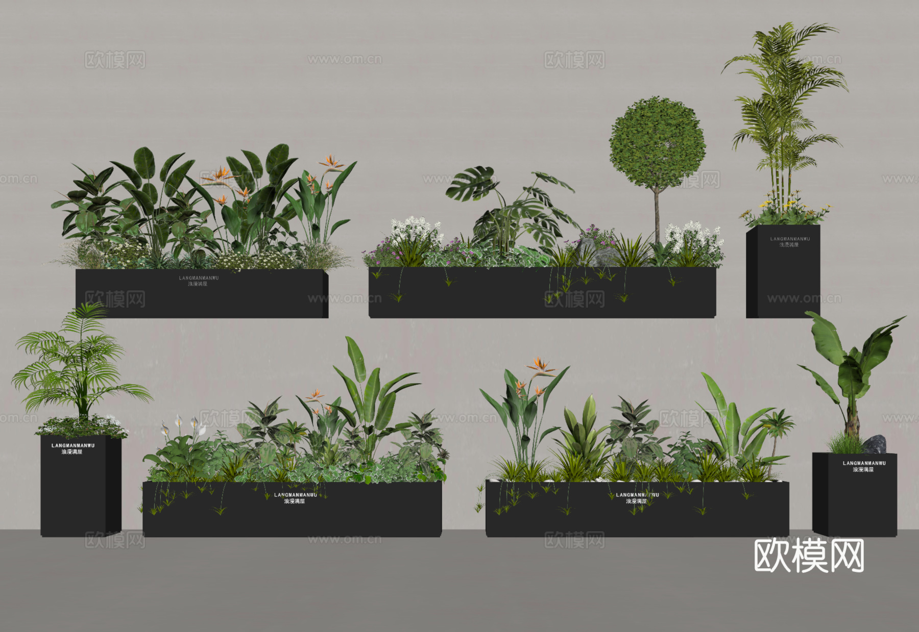 户外花箱 花槽 防腐木花箱 绿植su模型