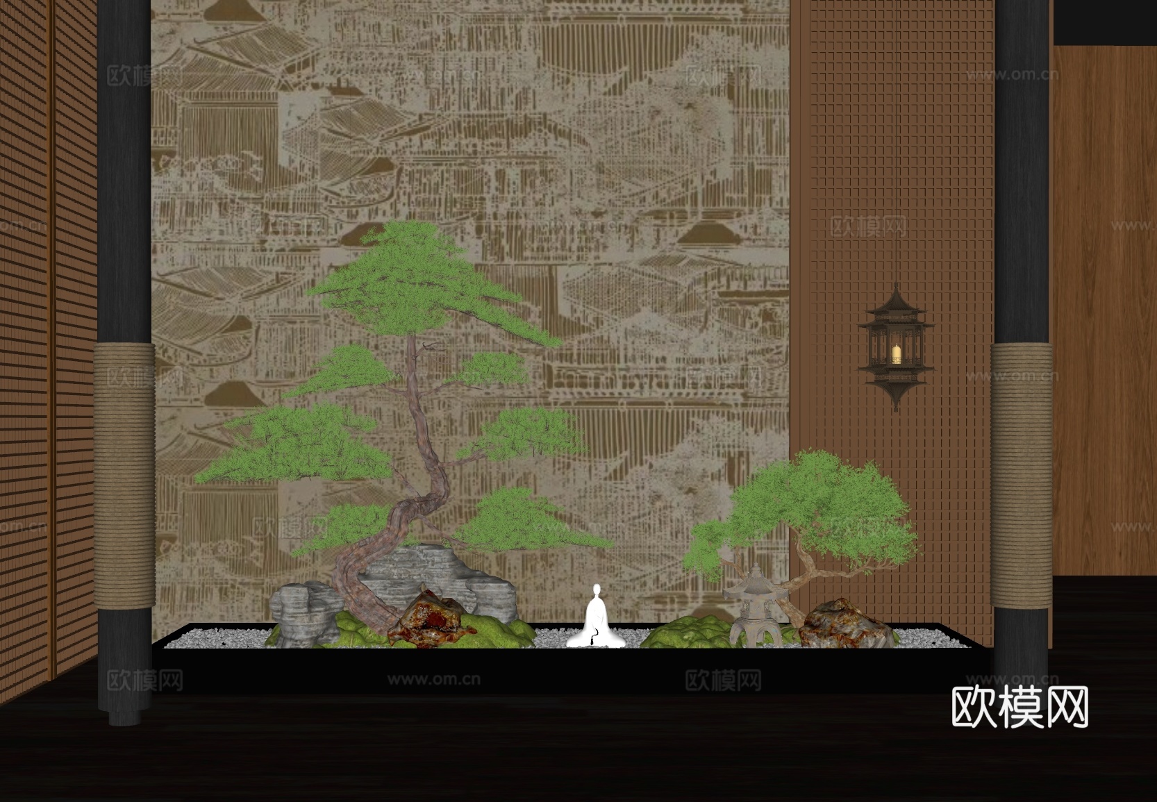 新中式室内景观植物造景 松树 苔藓 景观石su模型