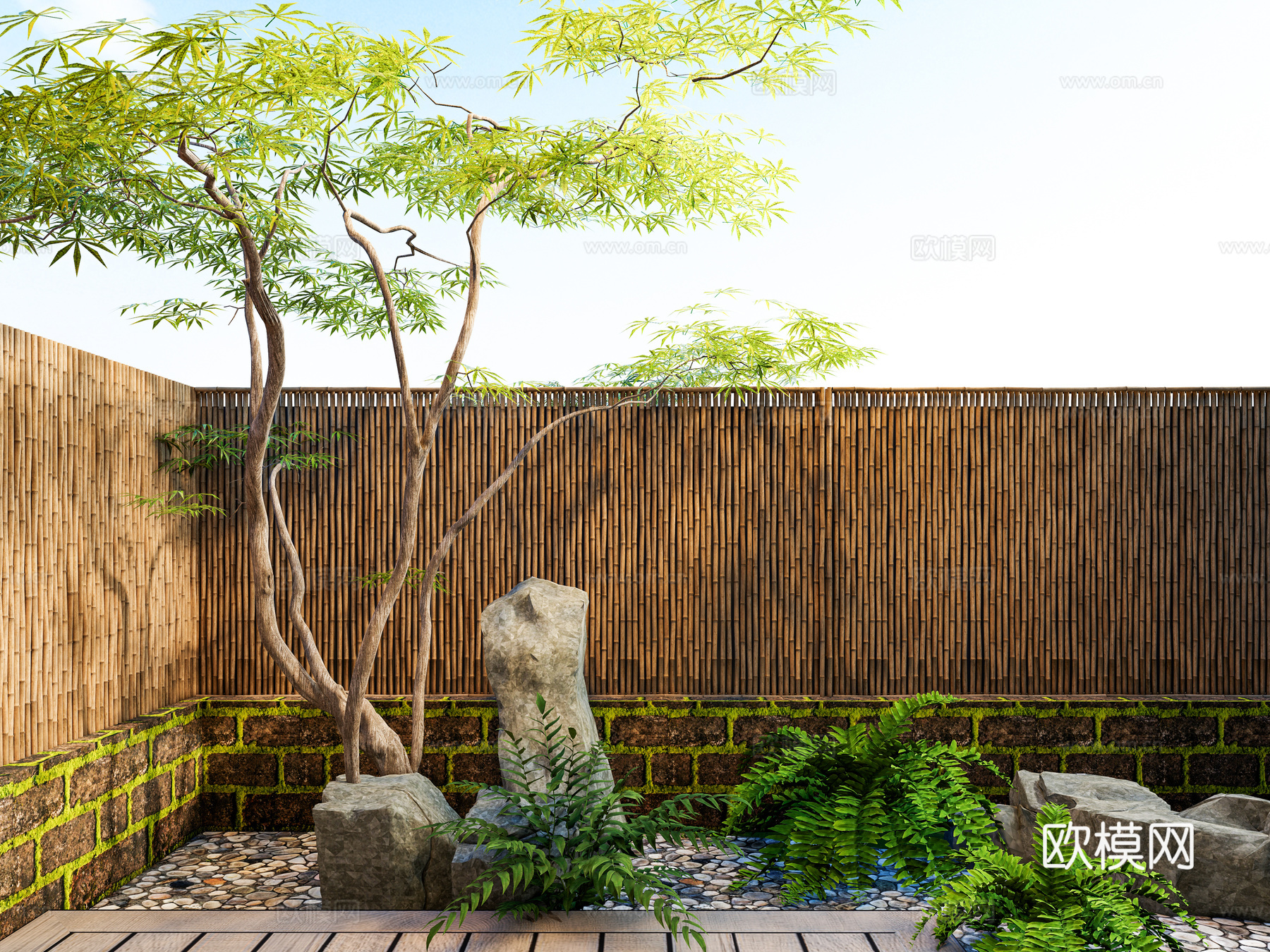 新中式 日式禅意庭院景观 青枫树 山石孤置 竹编围栏 竹子绿su模型