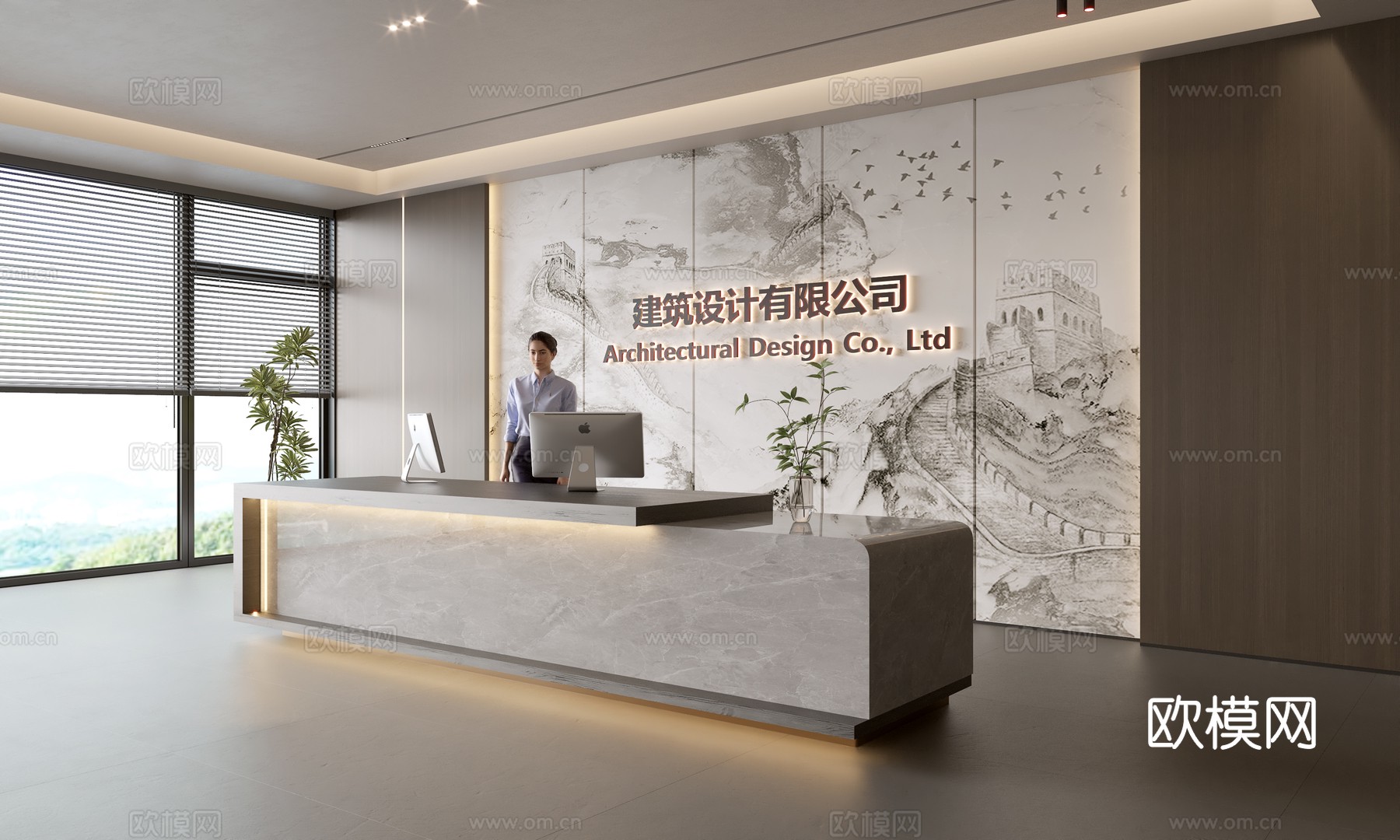现代公司前台  接待区 吧台  接待台 服务台 公司前台背景su模型下载（渲染图1）