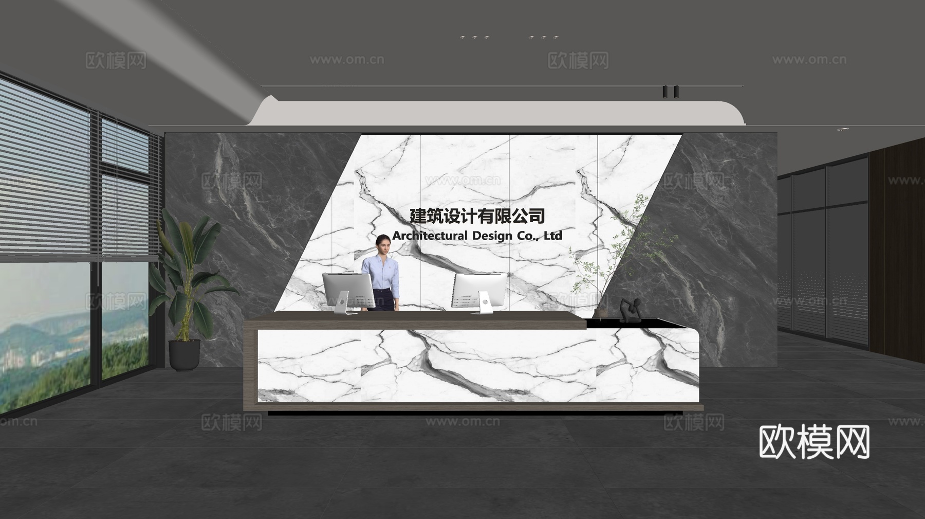 现代公司前台  接待区 吧台  接待台 服务台 公司前台背景su模型