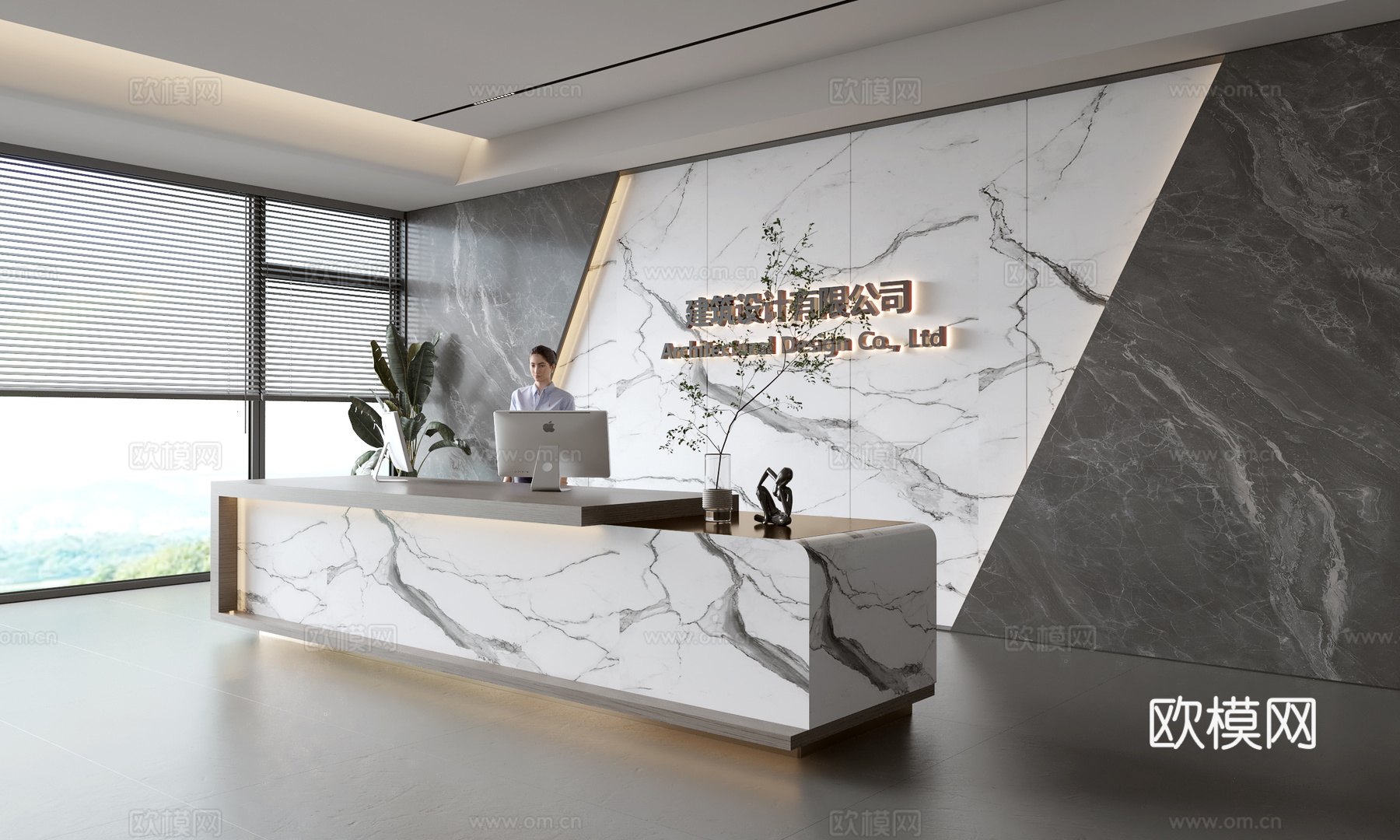 现代公司前台  接待区 吧台  接待台 服务台 公司前台背景su模型下载（渲染图1）