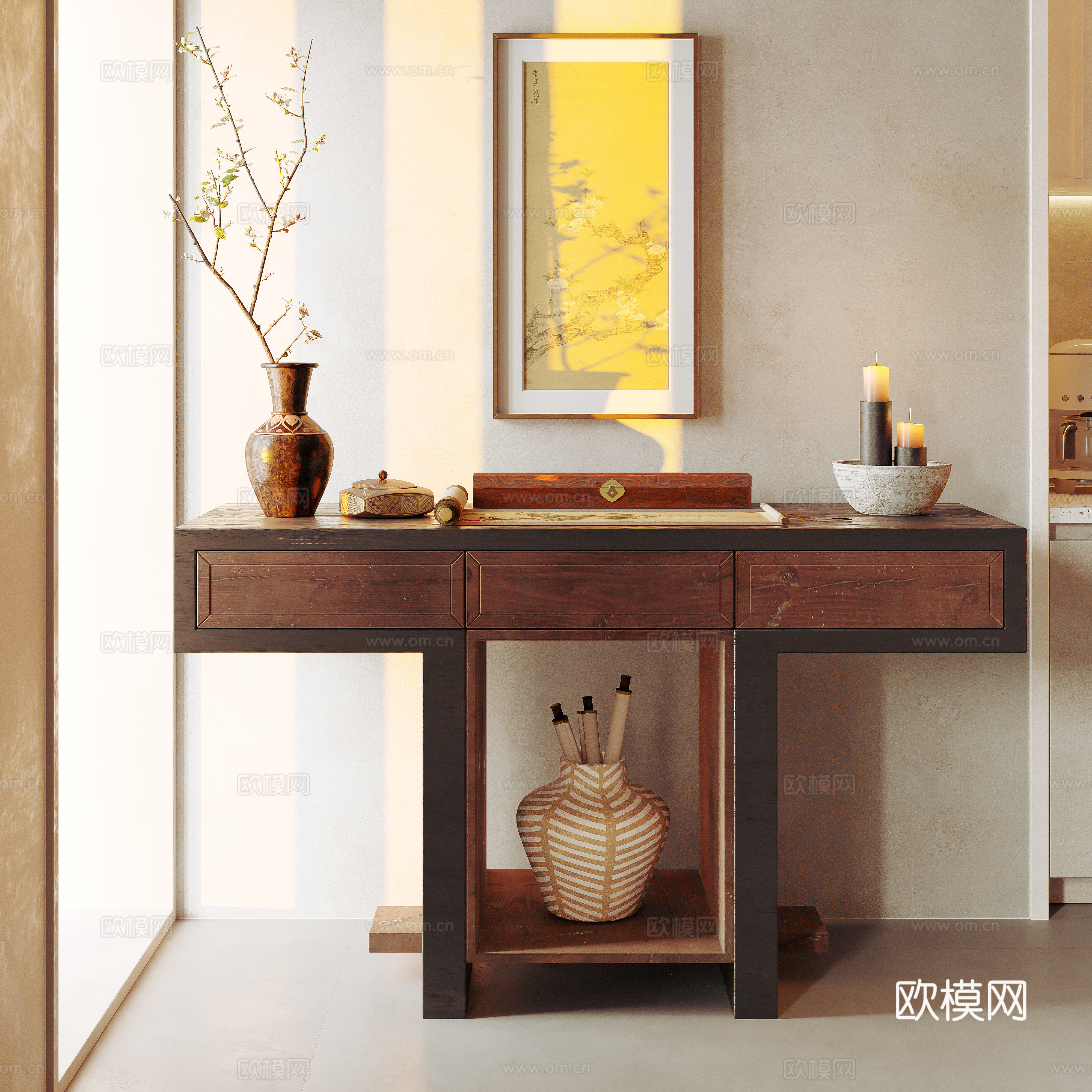 诧寂中古玄关 端景条案 端景台 玄关台 插花 干花 饰品摆件su模型