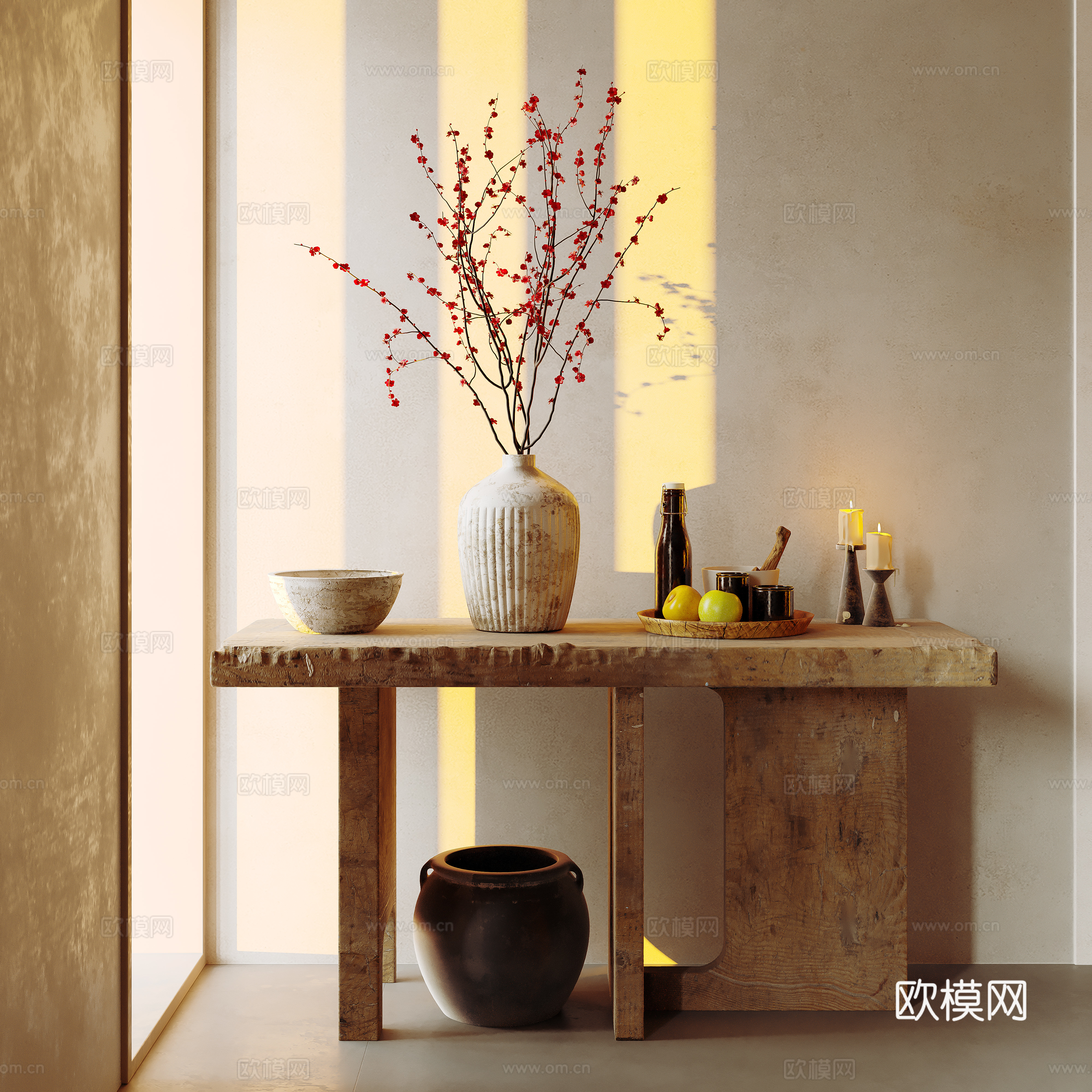 诧寂中古玄关 端景条案 端景台 玄关台 插花 干花 饰品摆件su模型
