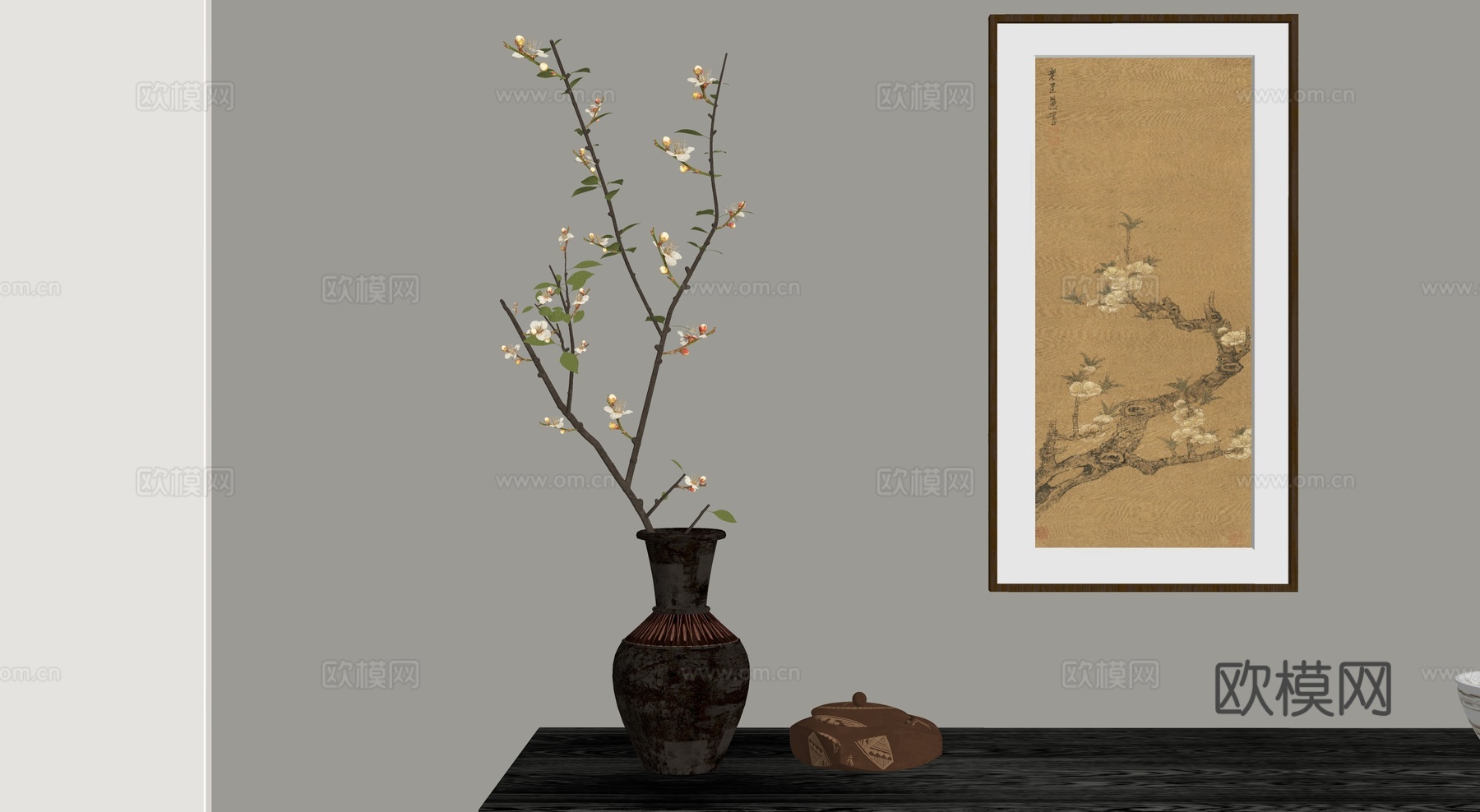 诧寂中古风插花 玄关摆件 花瓶 陶罐器皿 干支 装饰画su模型