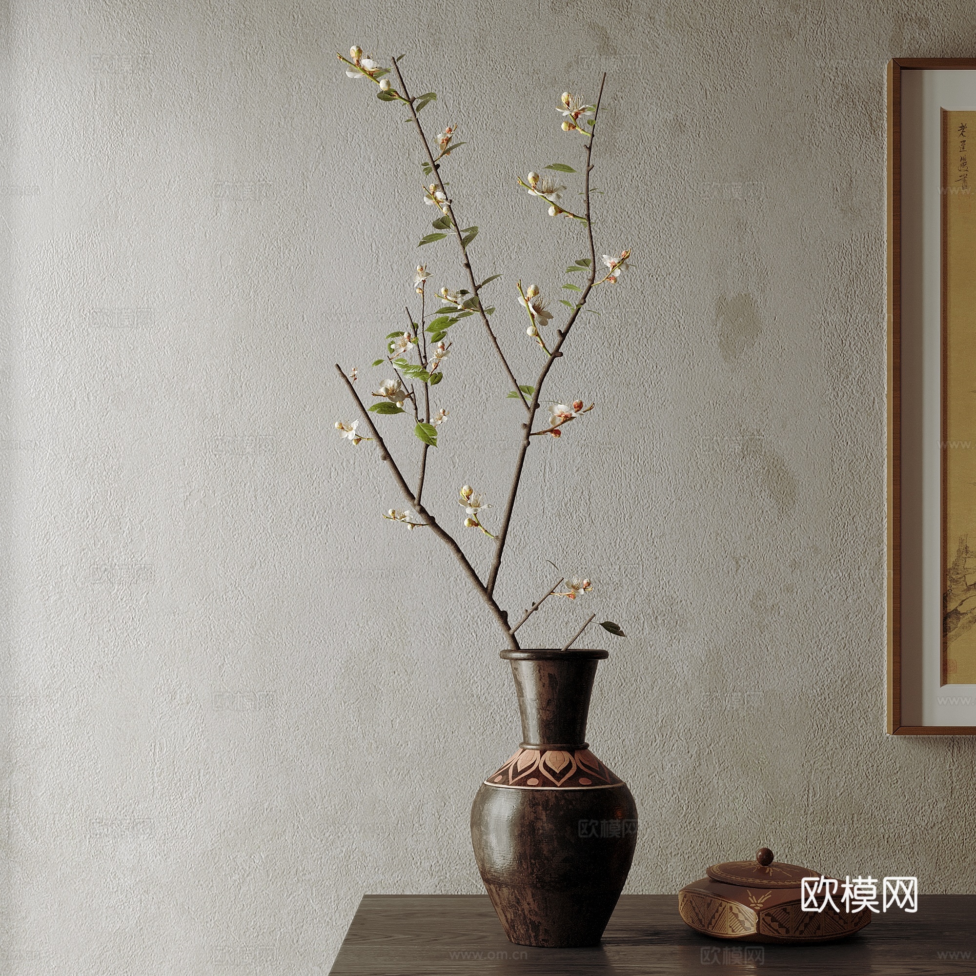 诧寂中古风插花 玄关摆件 花瓶 陶罐器皿 干支 装饰画3d模型下载（渲染图2）