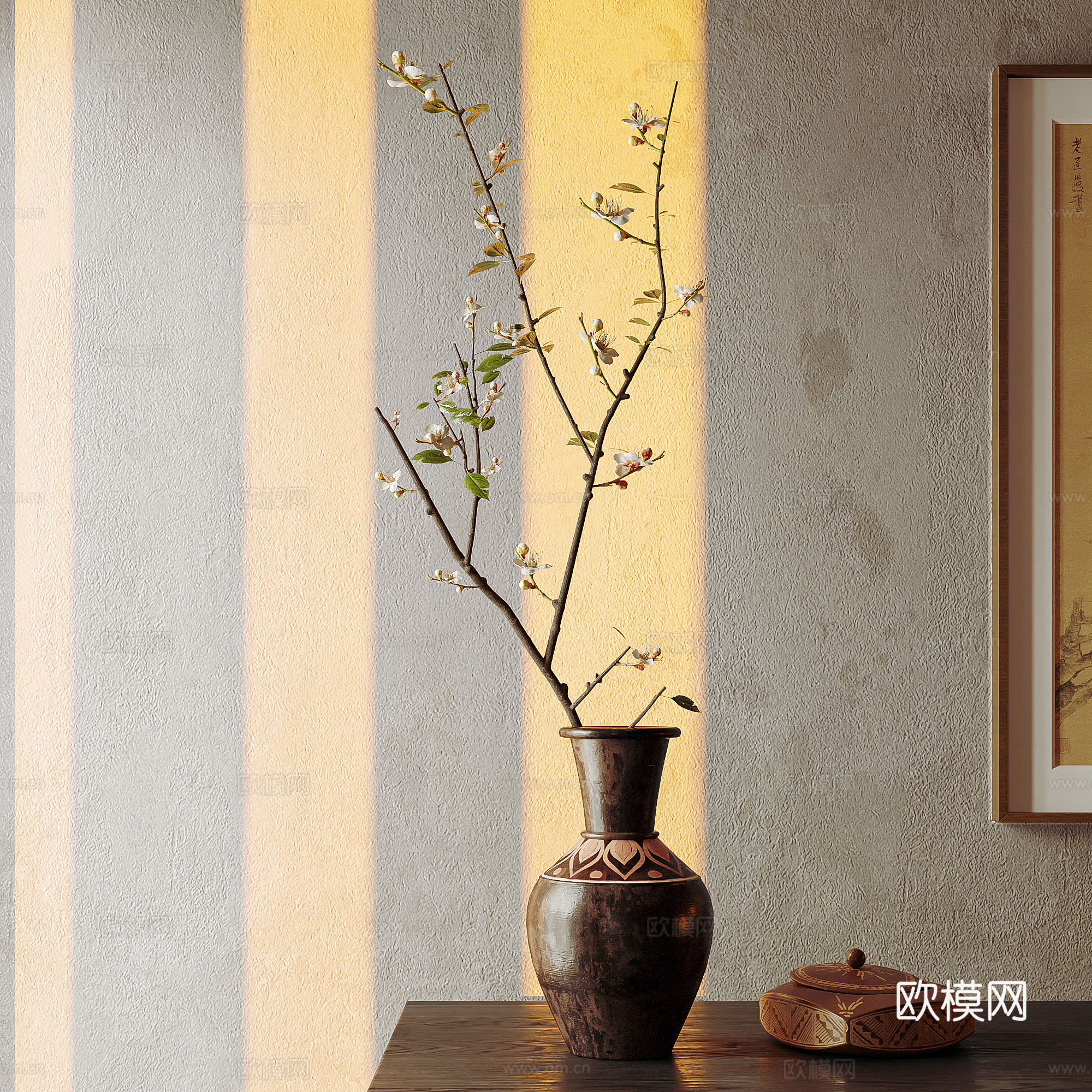诧寂中古风插花 玄关摆件 花瓶 陶罐器皿 干支 装饰画3d模型下载（渲染图1）