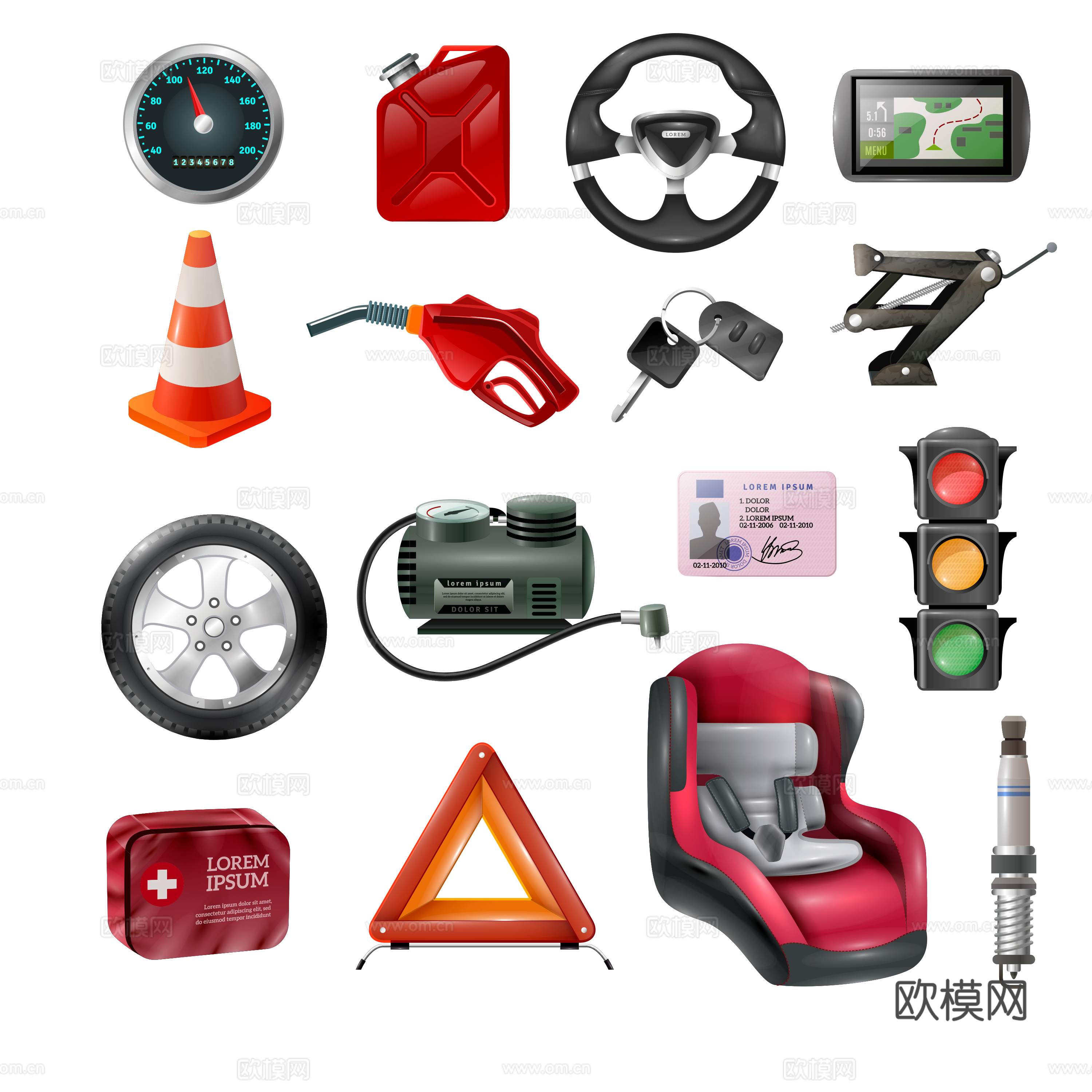 汽车保养套件 安全坐椅 路障 千斤顶 红绿灯 交通图标下载