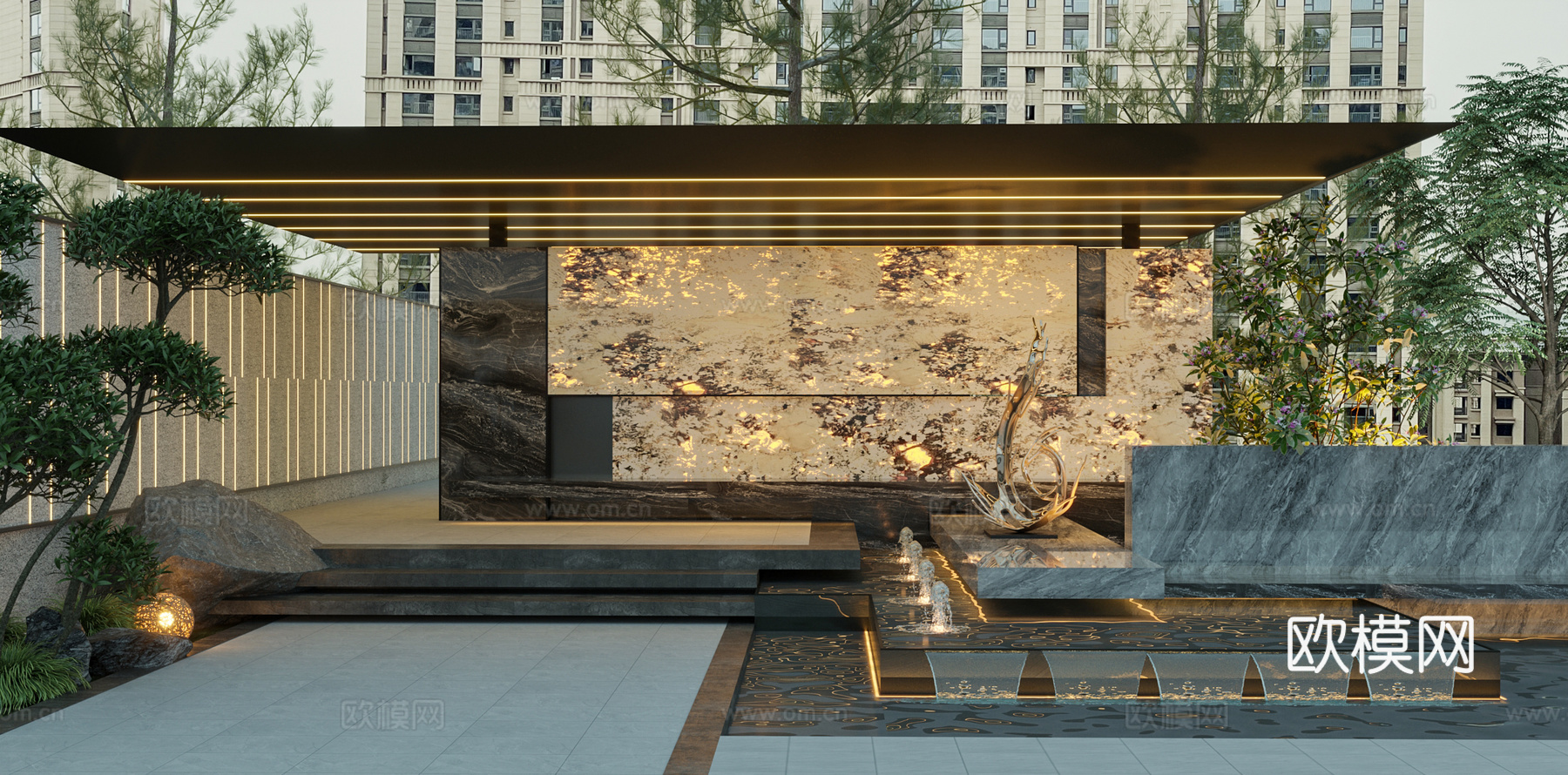现代轻奢花园奢石景墙水景凉亭3d模型下载