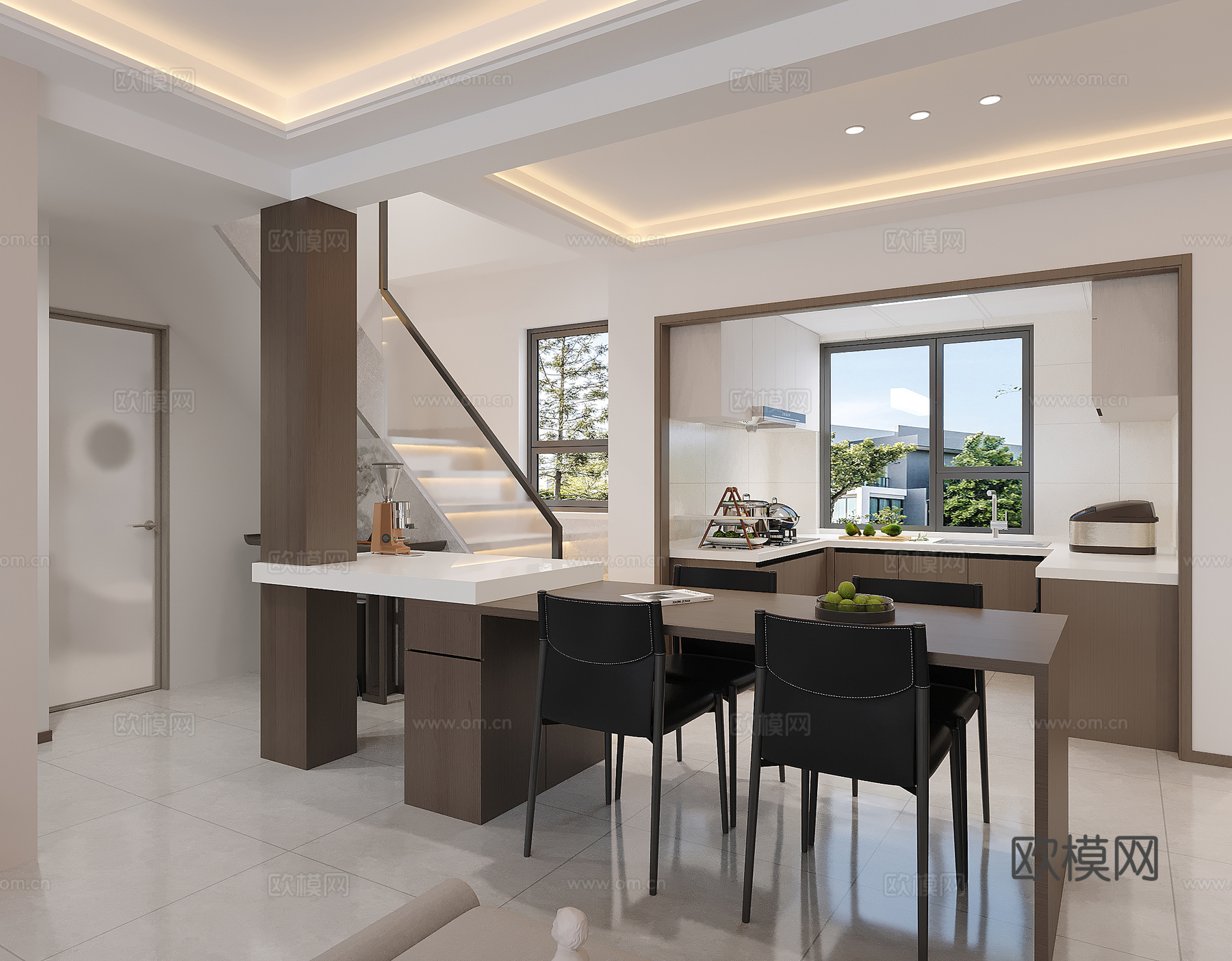 现代餐厅岛台吧台厨房楼梯3d模型