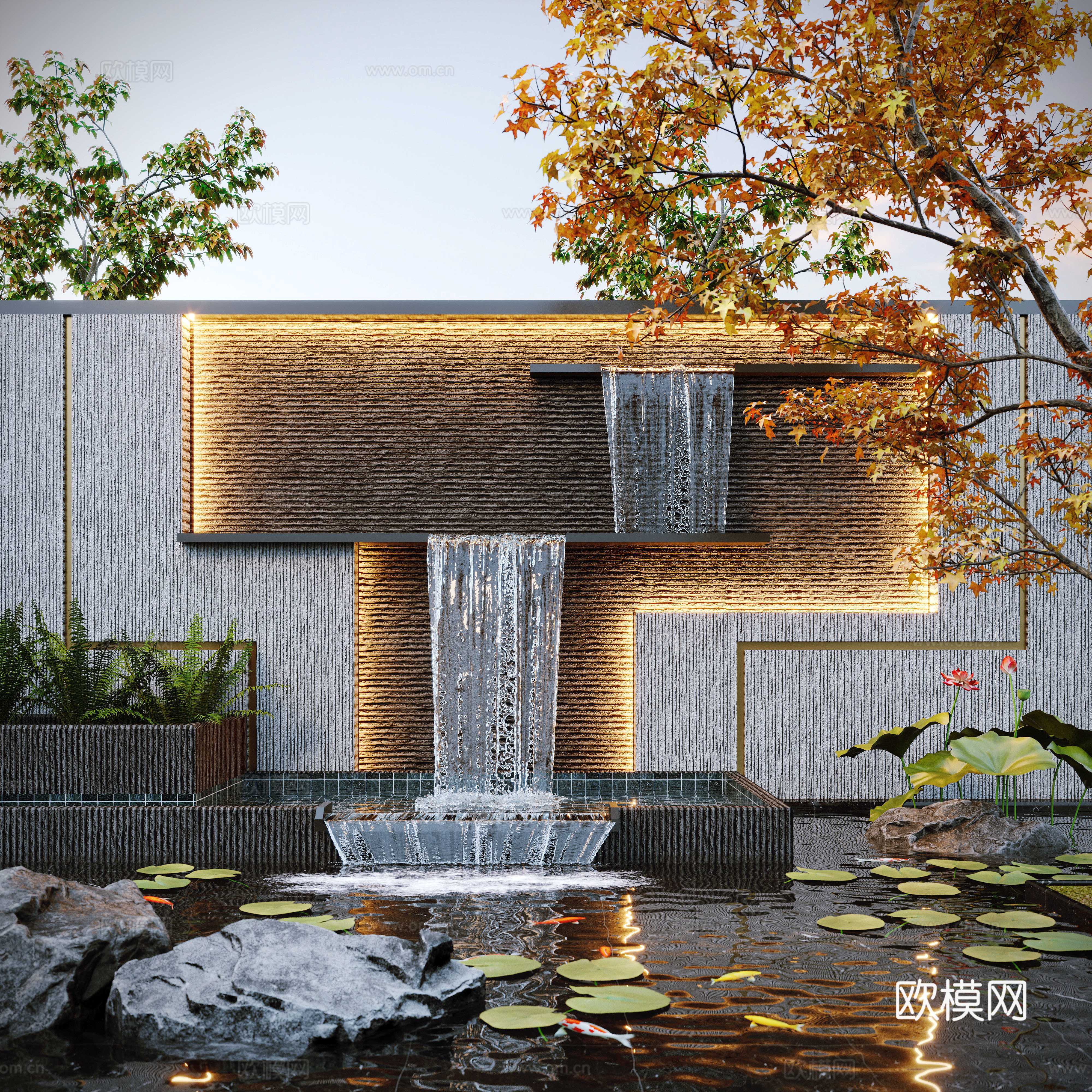 现代水景观 庭院水景 叠水流水 鱼池 景墙3d模型