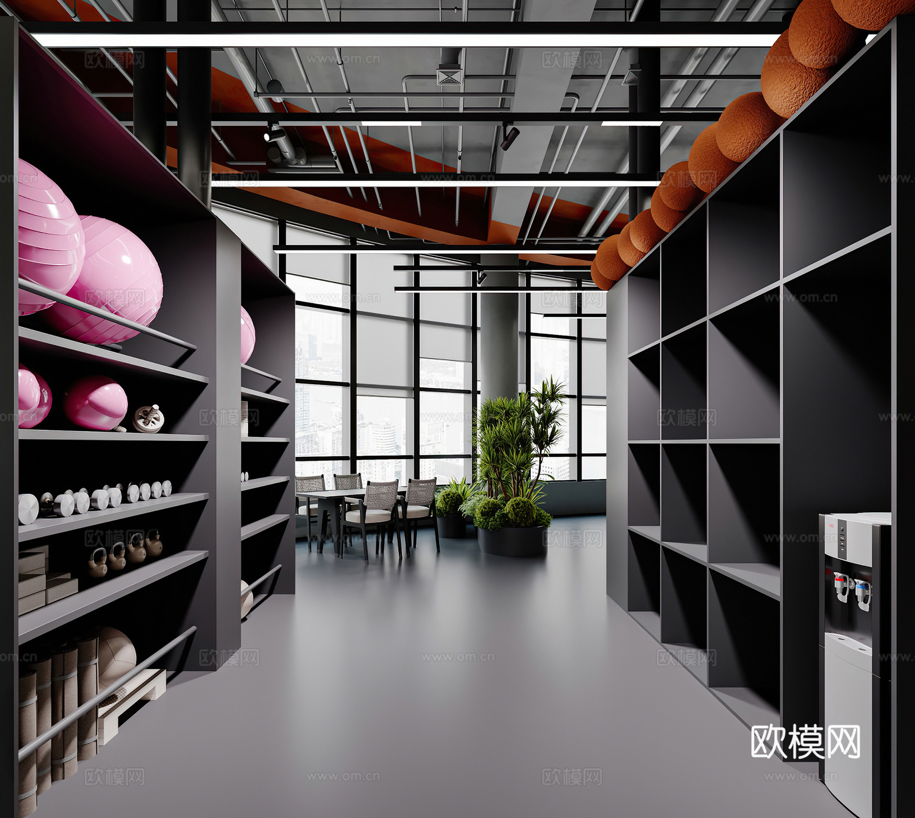 现代健身房 瑜伽球 休闲桌椅 健身器材 工业风3d模型