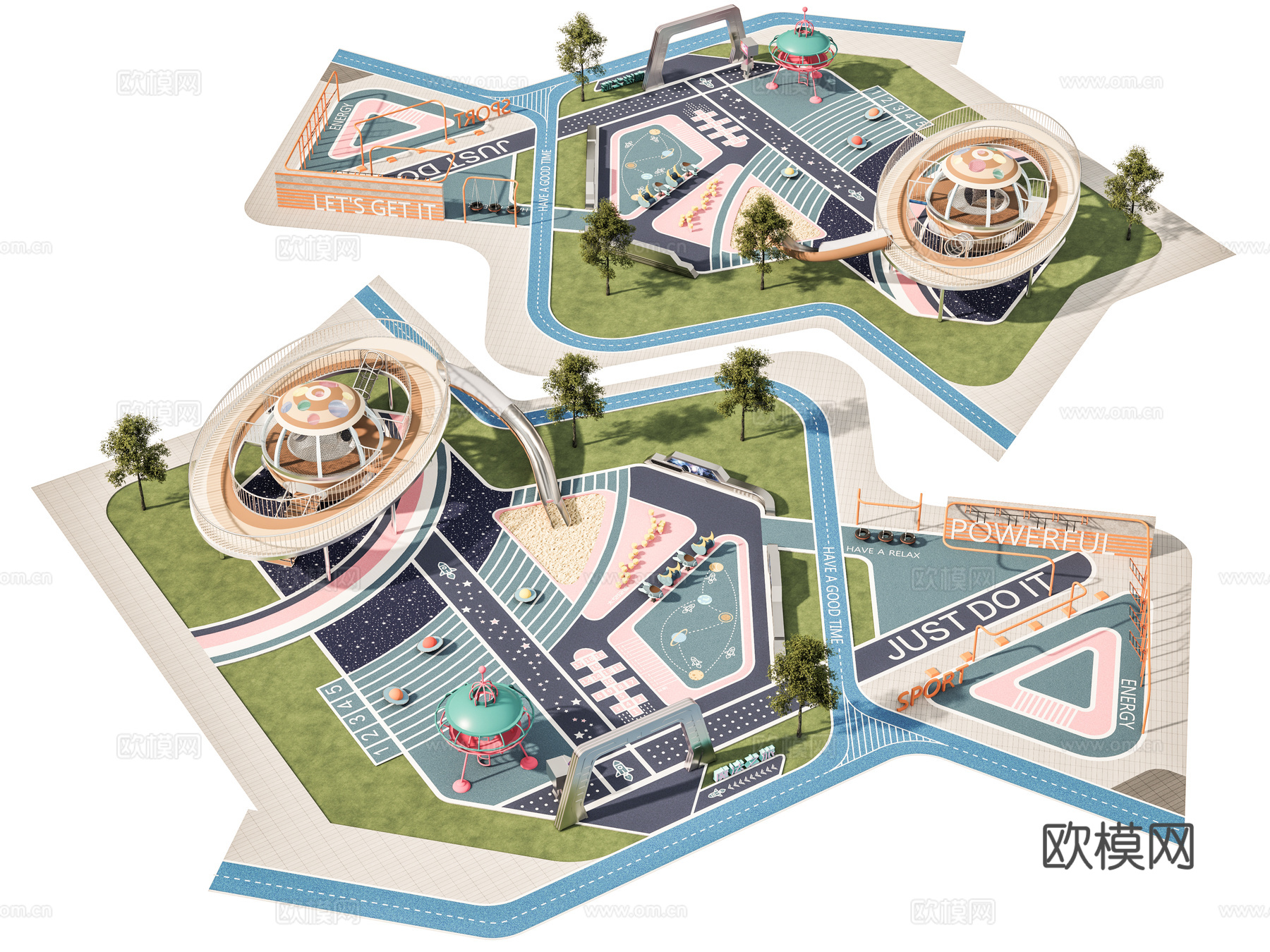 现代景观公园 运动公园口袋公园 儿童游乐场地 塑胶跑道公园su模型