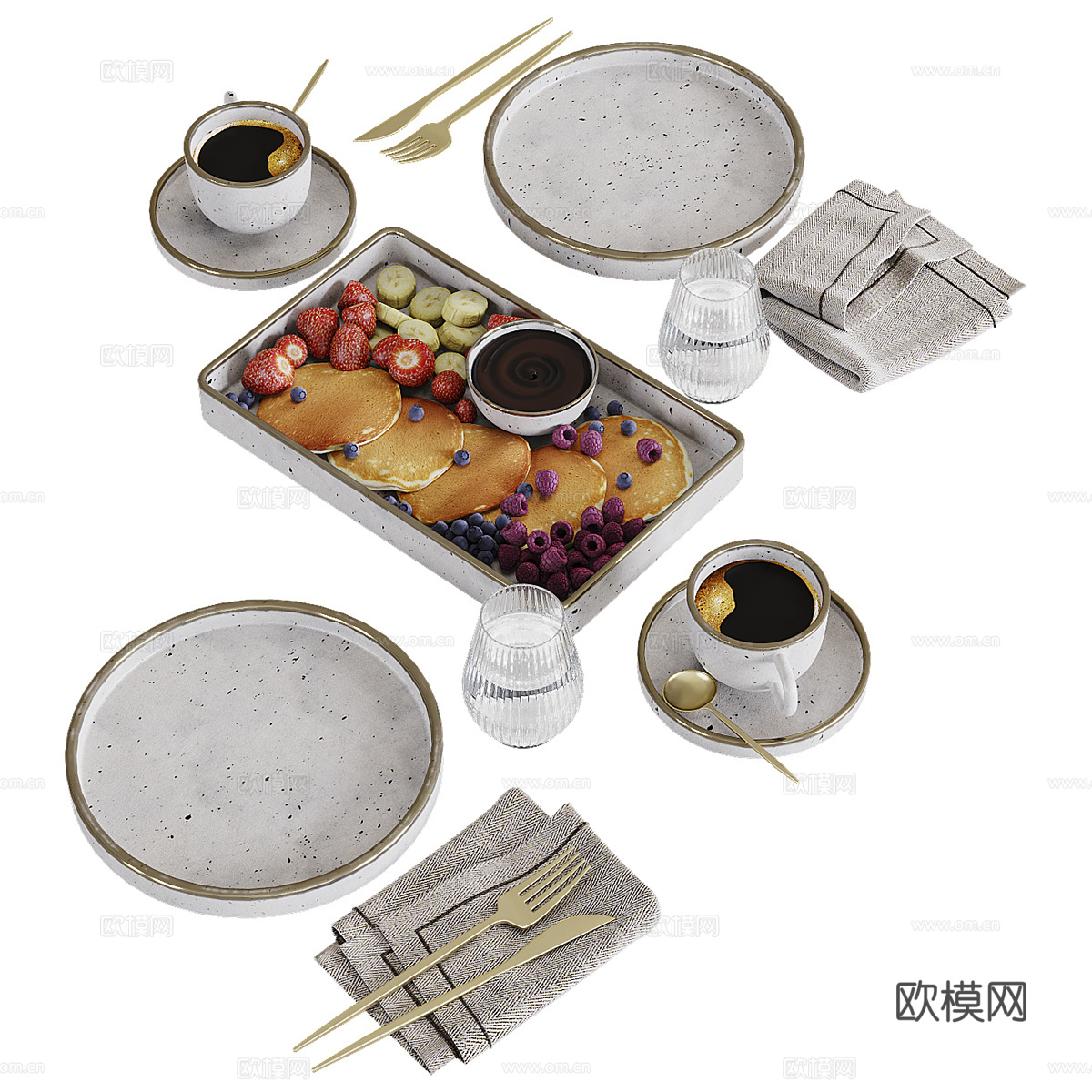 美式餐具 早餐食品3d模型