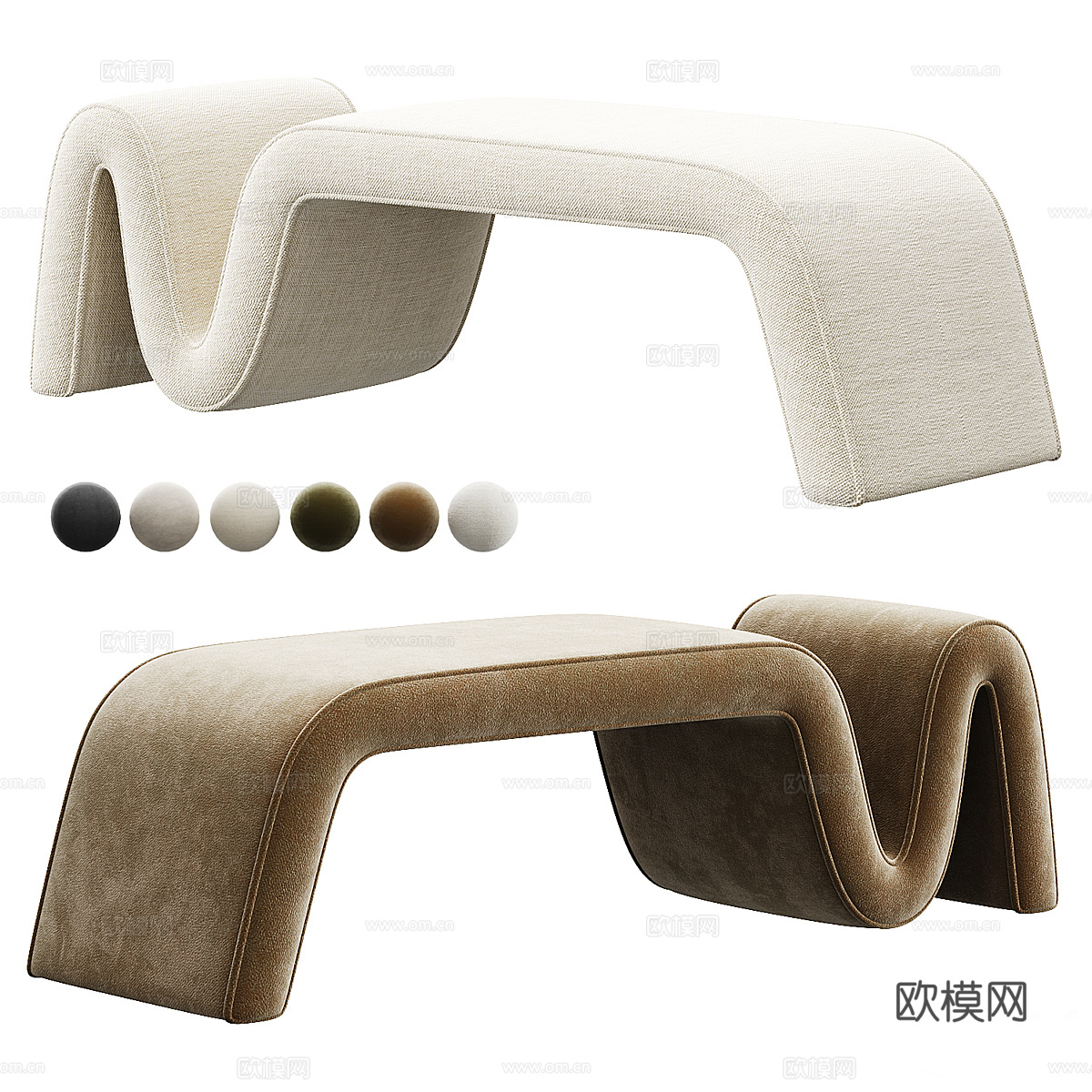 现代奶油风 Wave 长凳3d模型