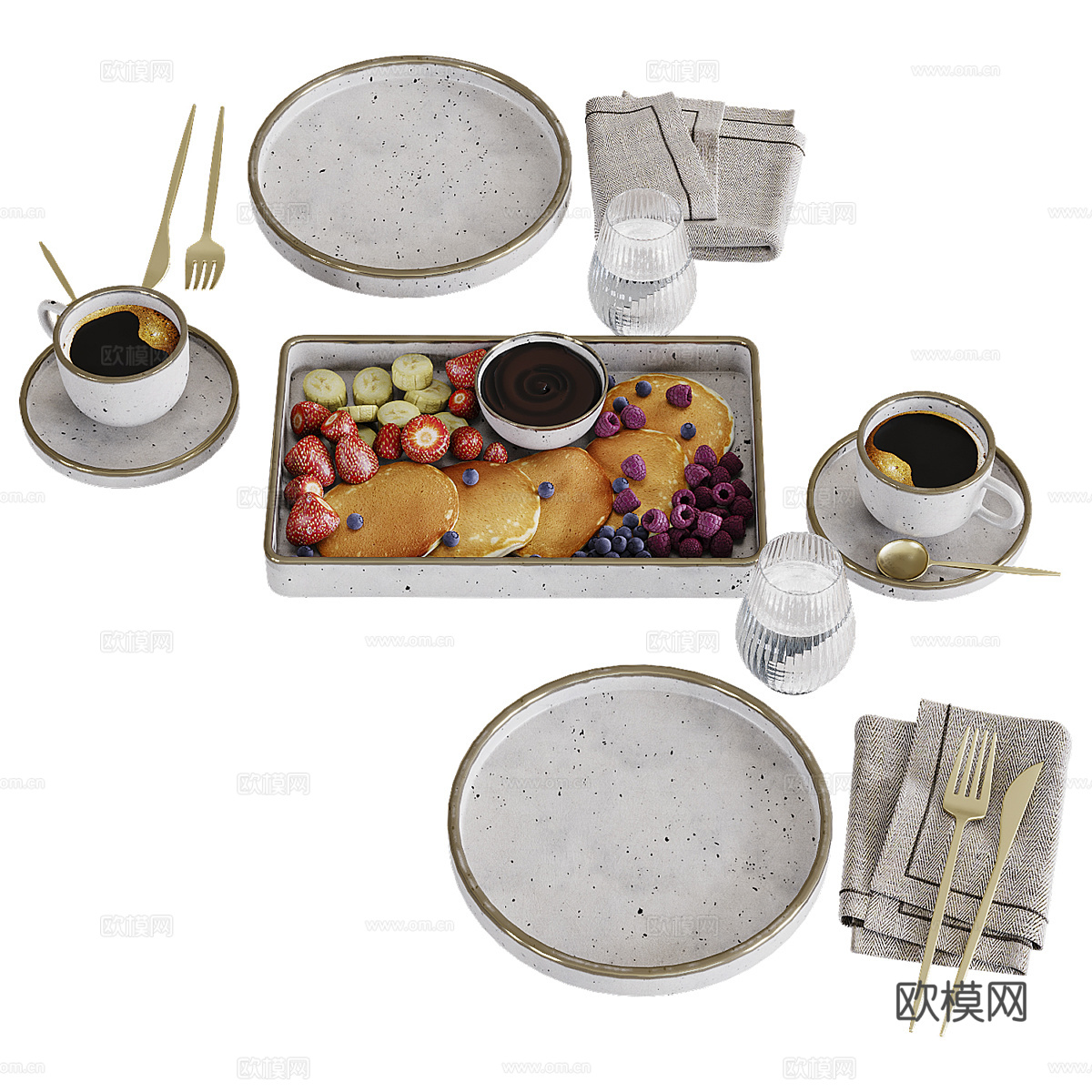 美式餐具 早餐食品3d模型