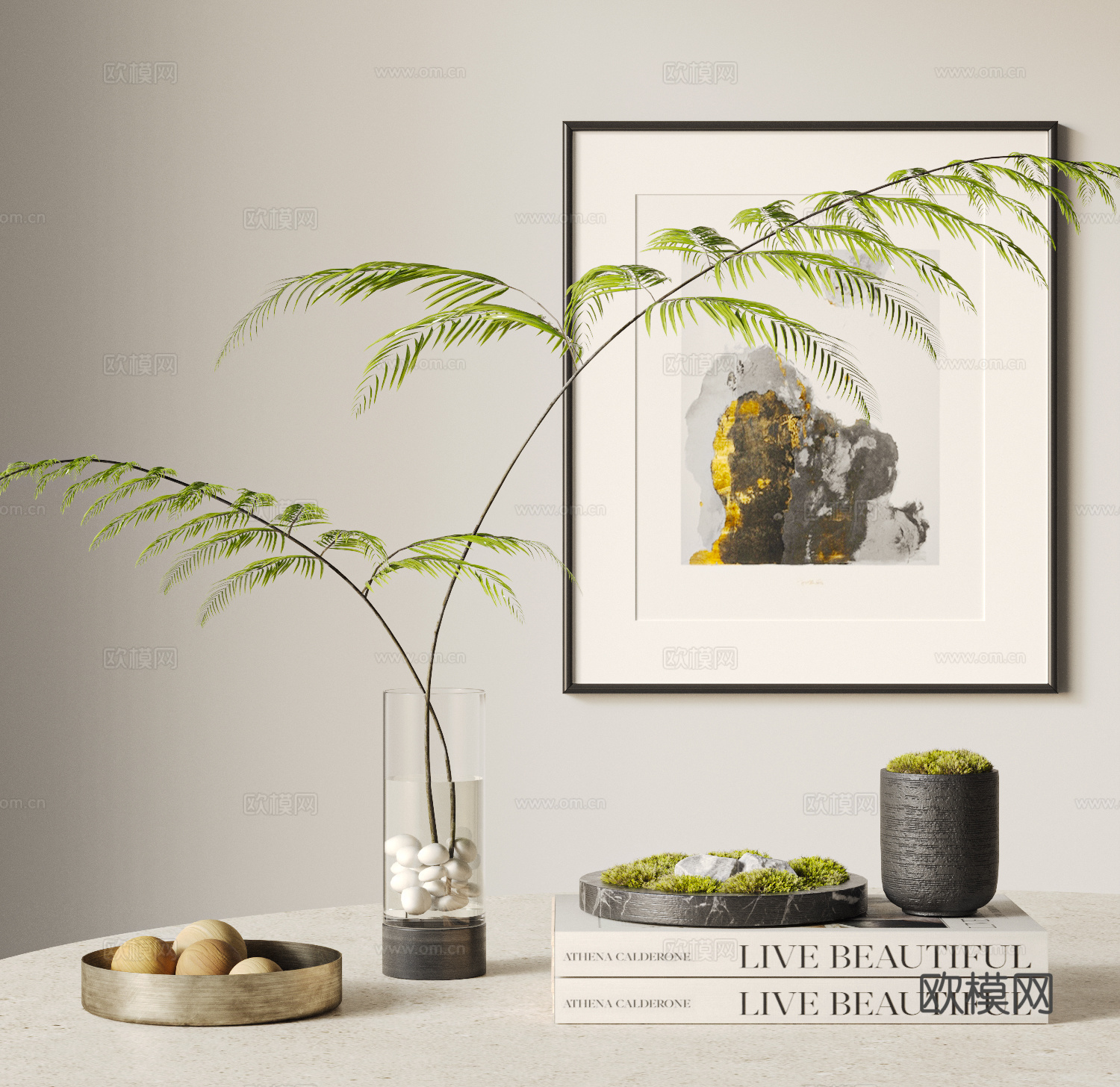 现代苔藓花瓶摆件组合 新中式摆件组合 水生植物 苔藓摆件su模型