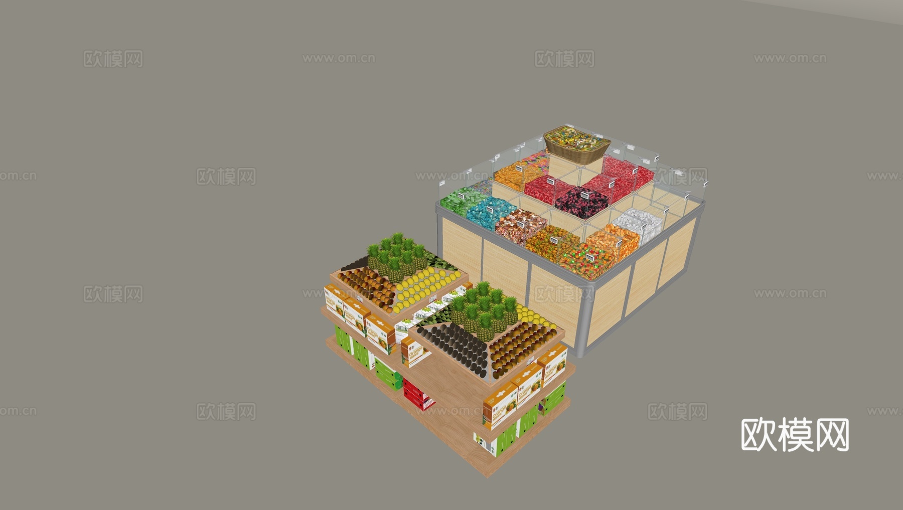 超市水果展示货架 糖果陈列架展柜su模型下载（渲染图2）