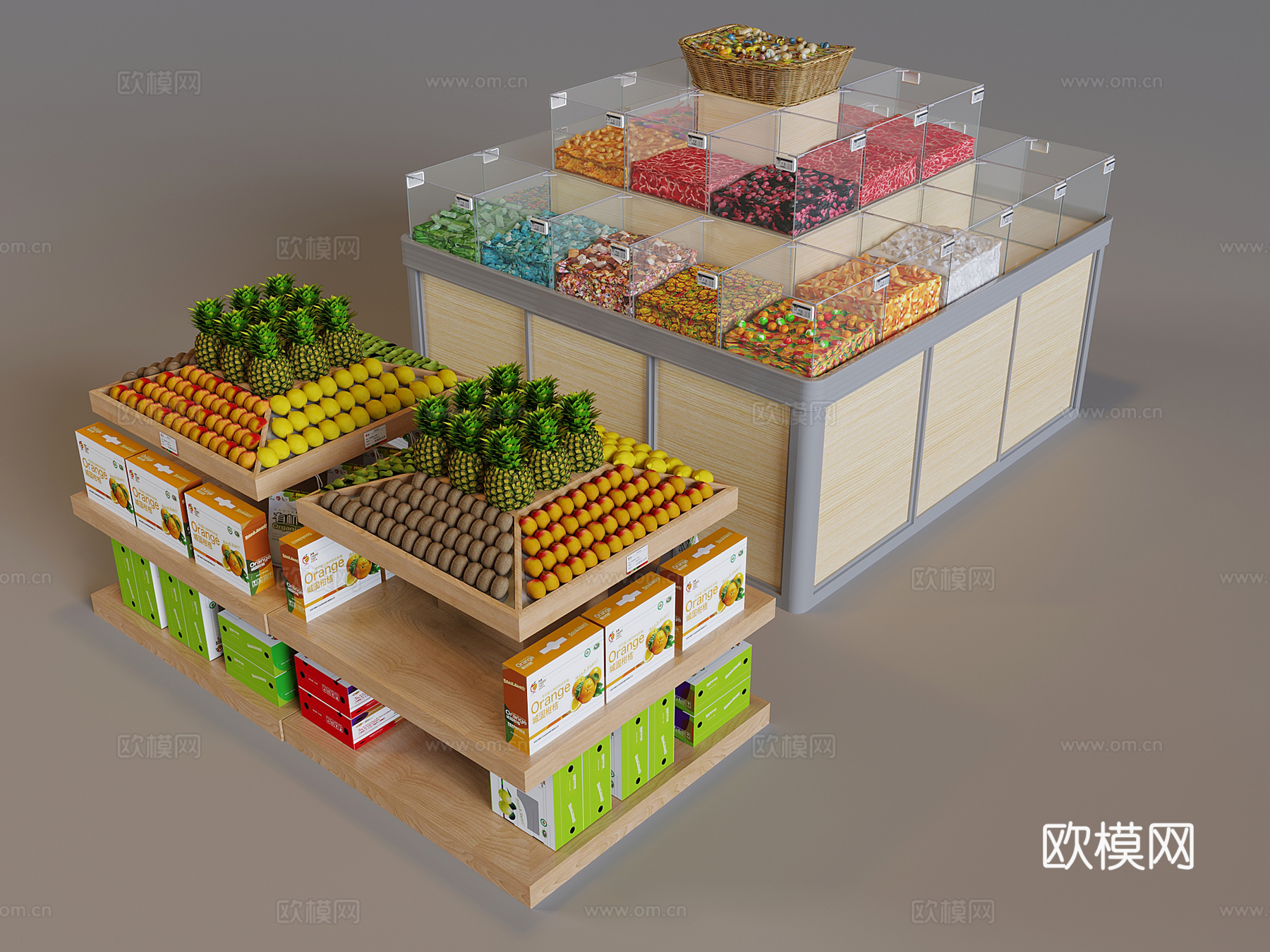 超市水果展示货架 糖果陈列架展柜su模型下载（渲染图1）