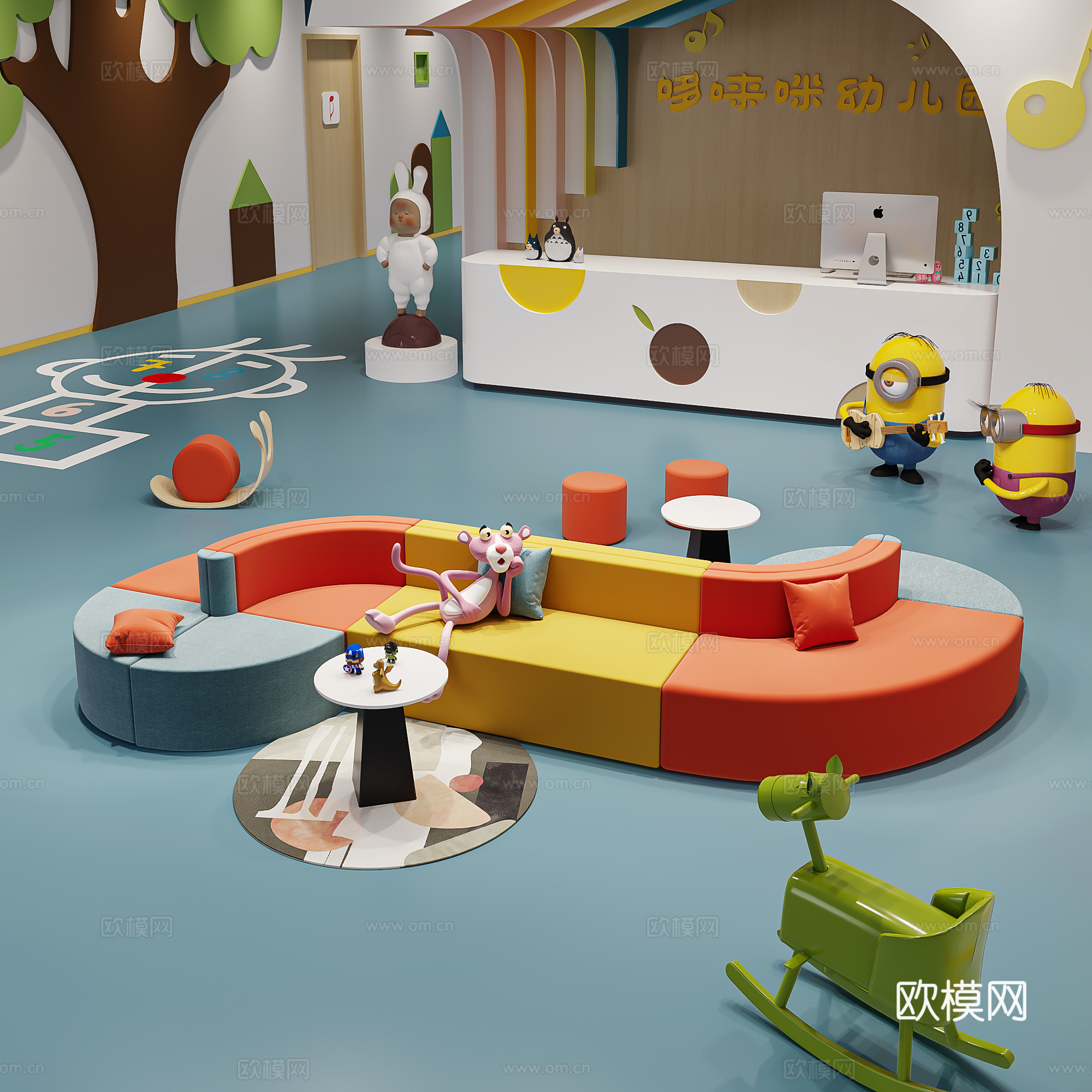 现代幼儿园大厅 活动室 教室 走廊过道 前台 儿童卡座沙发su模型