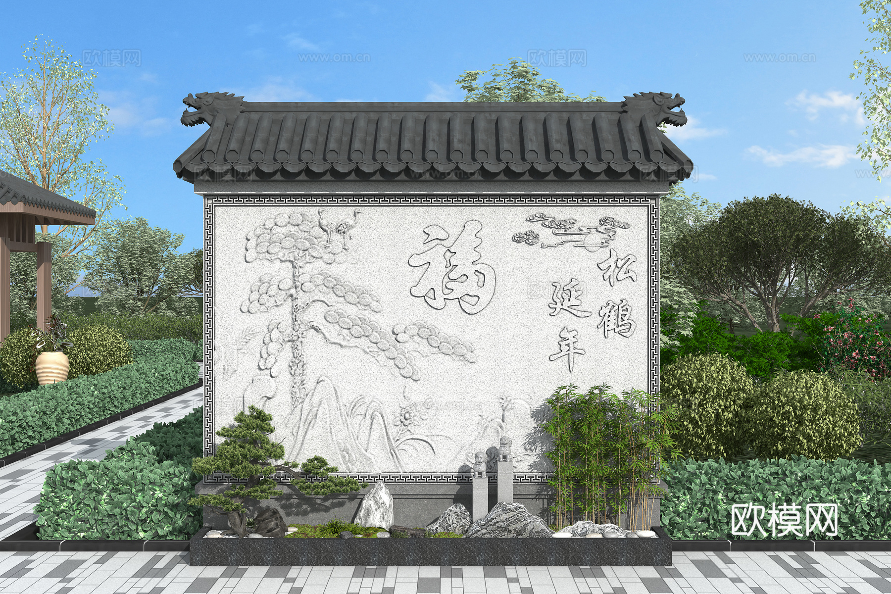 中式影壁墙 照壁_背景墙  竹子su模型