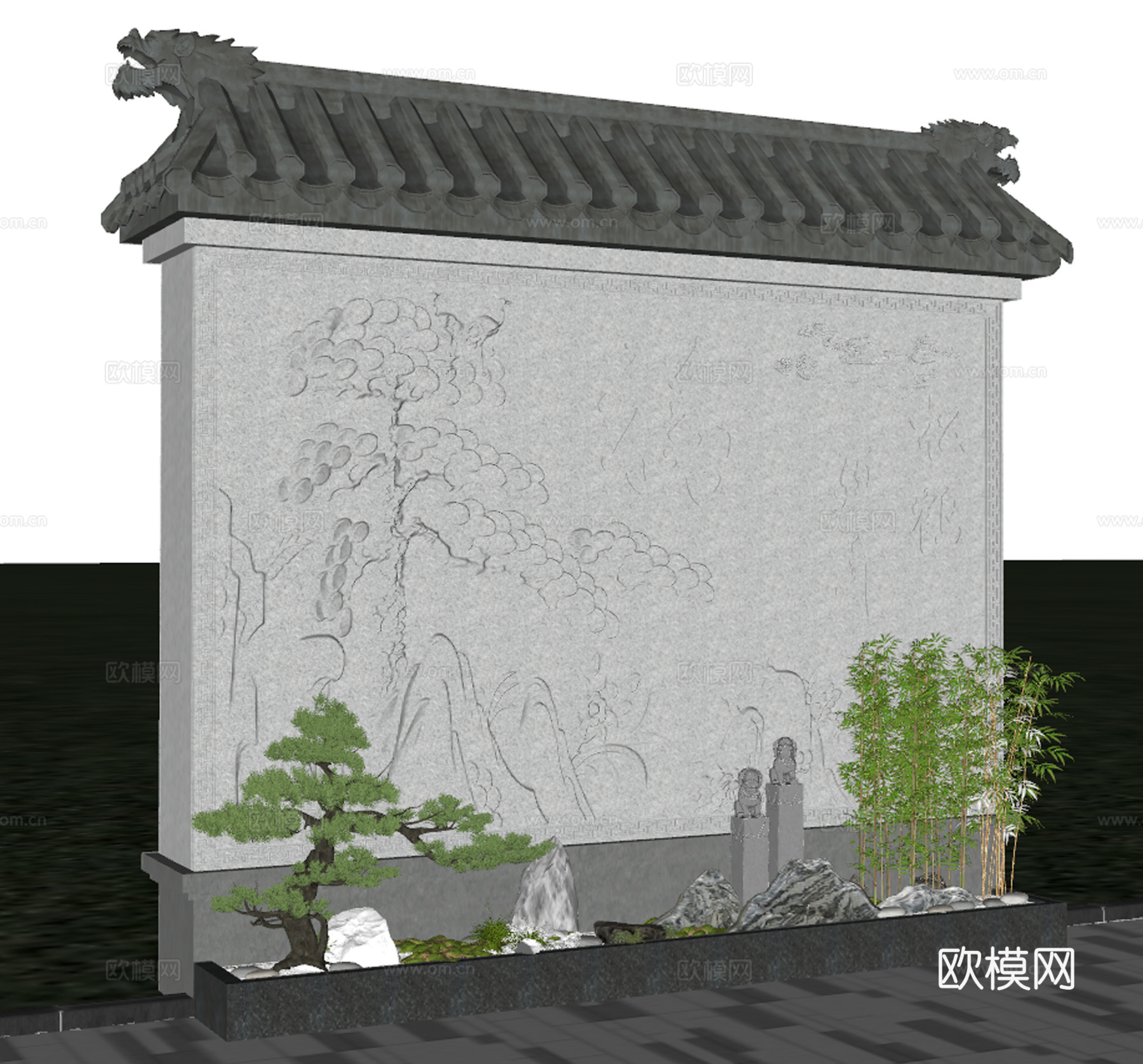 中式影壁墙 照壁_背景墙  竹子su模型