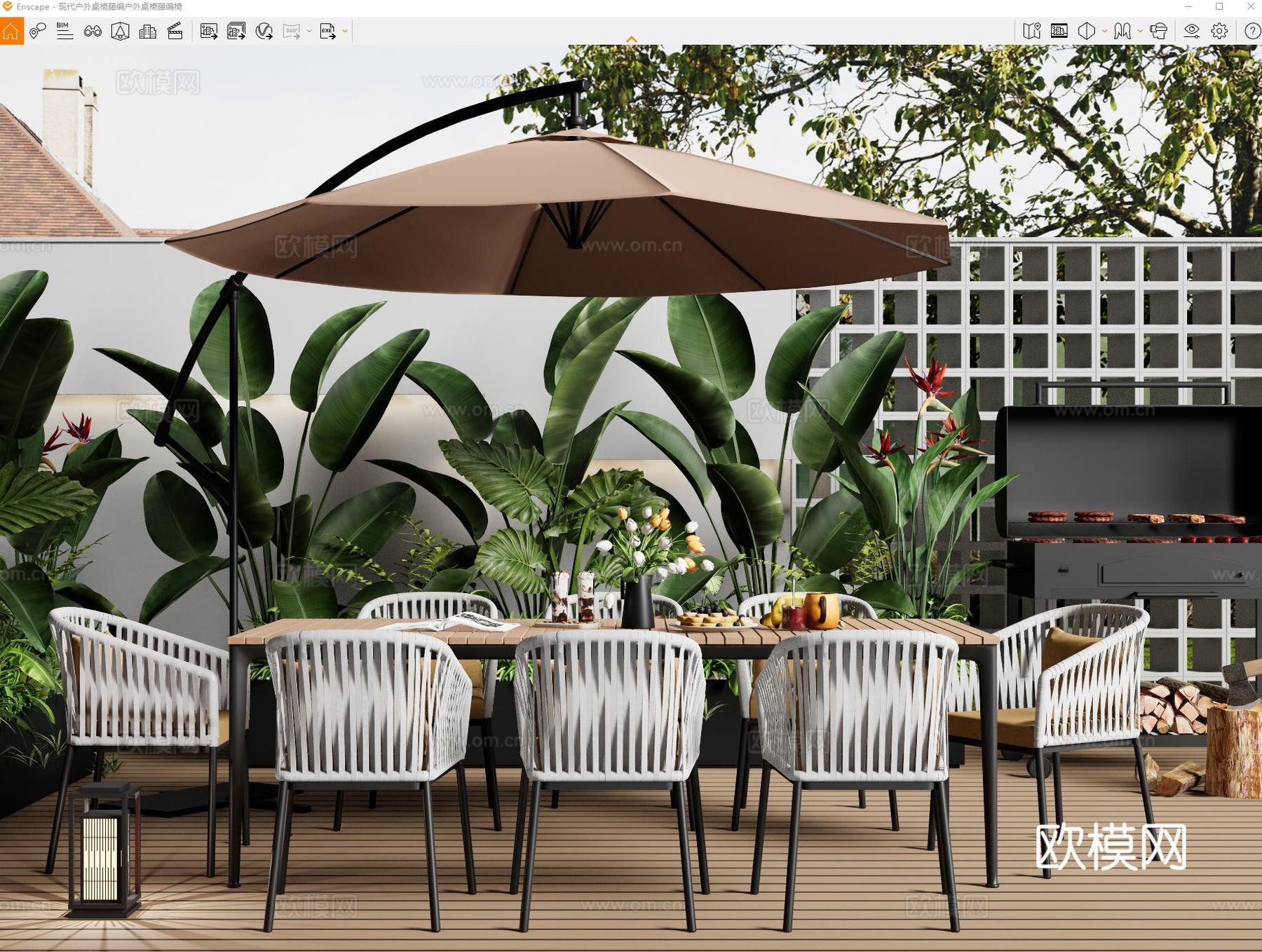 现代户外桌椅 庭院休闲桌椅 户外餐桌椅 植物组合 烧烤架su模型