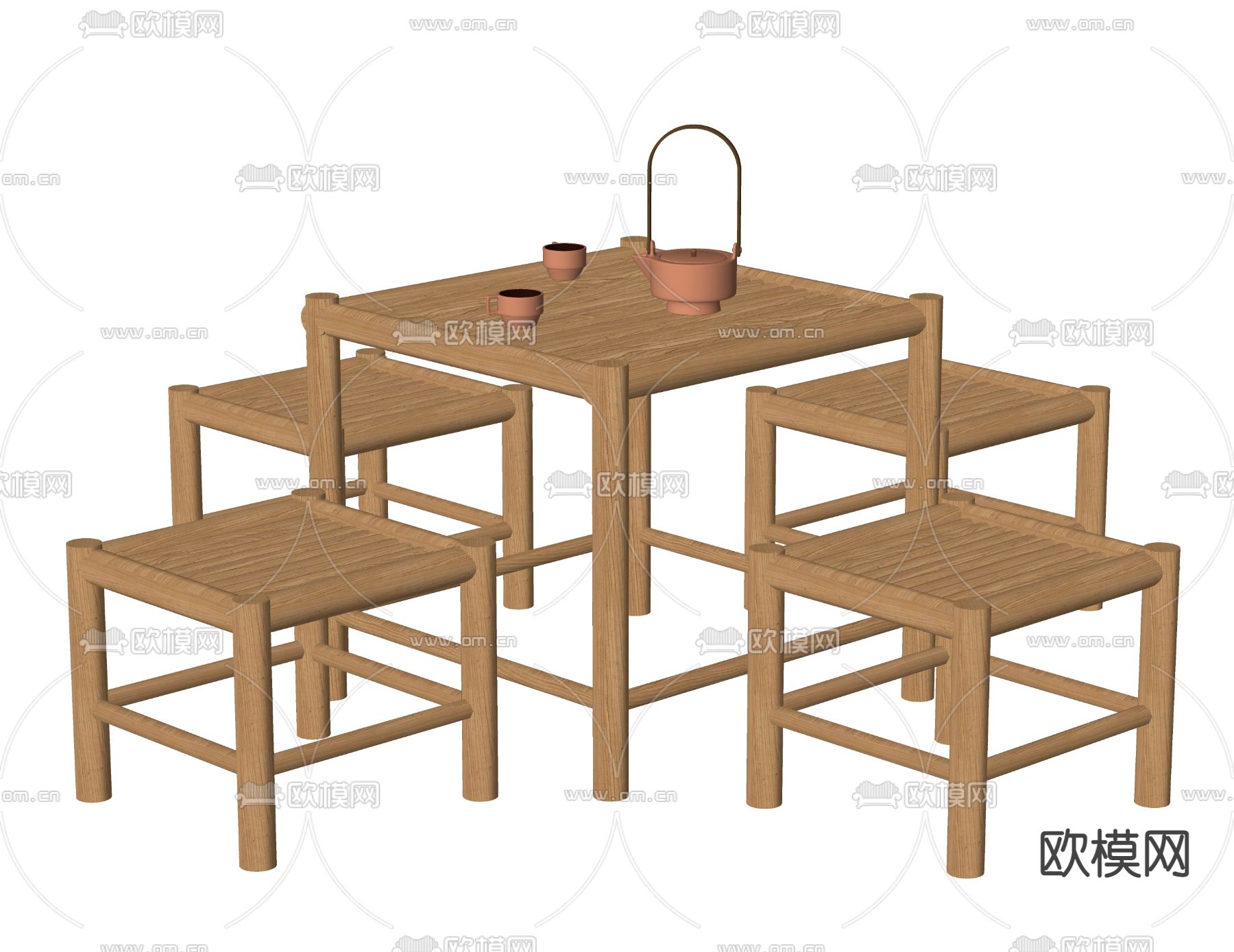 新中式实木茶桌椅su模型