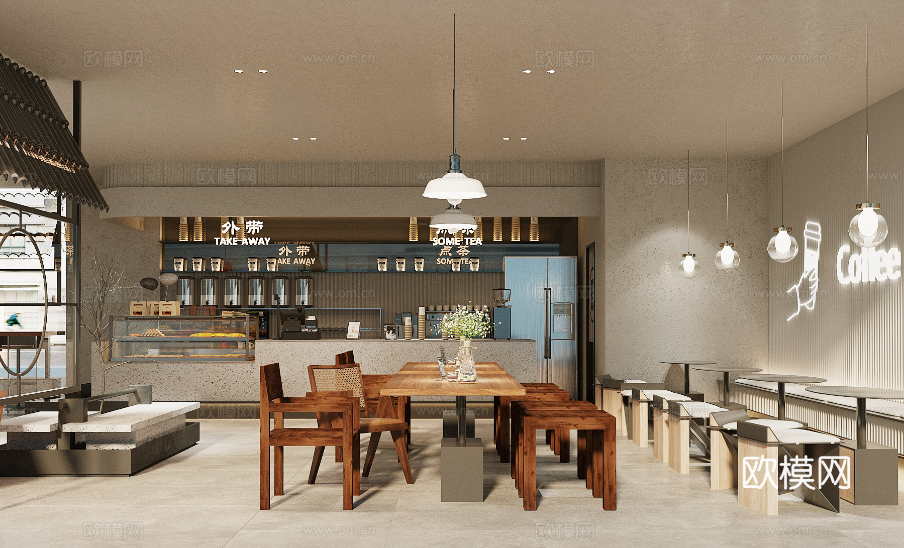 新中式咖啡店 奶茶店 卡座区su模型下载（渲染图2）