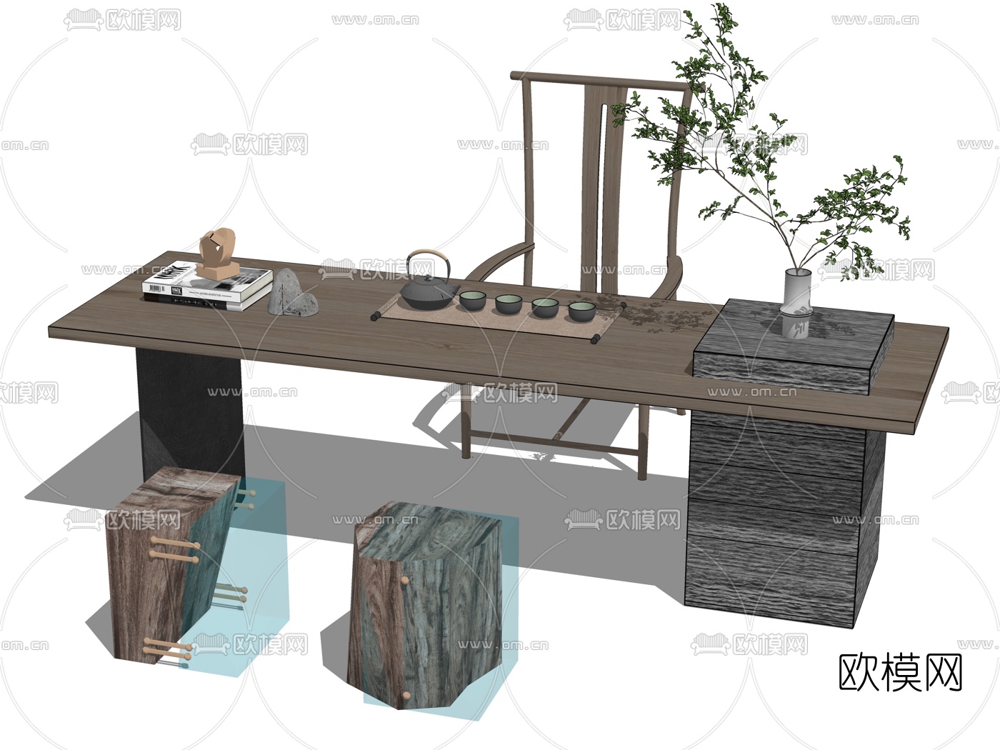 新中式实木茶桌椅su模型下载（渲染图2）