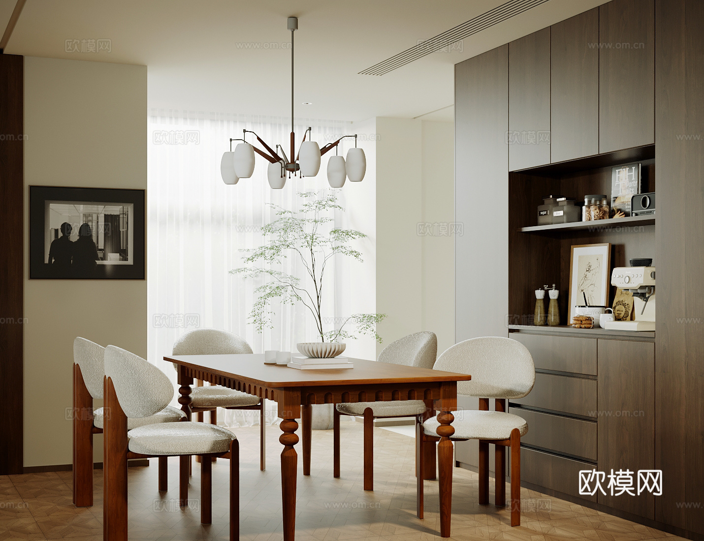 中古风家居餐厅 开放式餐厅 中古风餐桌椅组合 餐边柜 装饰柜su模型