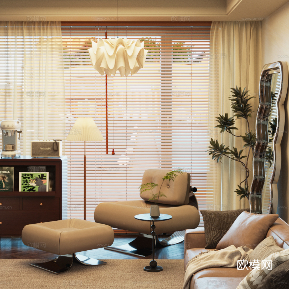 现代休闲椅 轻奢意式休闲椅 脚踏 实木斗柜 全身镜 绿植盆栽3d模型下载