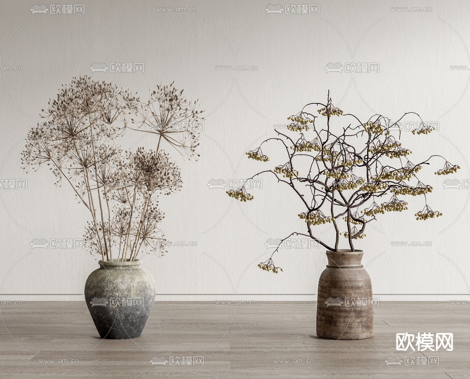 侘寂风干枝陶罐 花瓶花艺su模型下载（渲染图1）