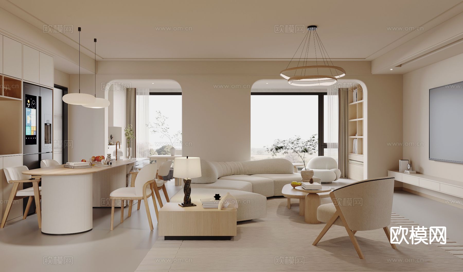 奶油风客餐厅 横厅3d模型下载（渲染图1）