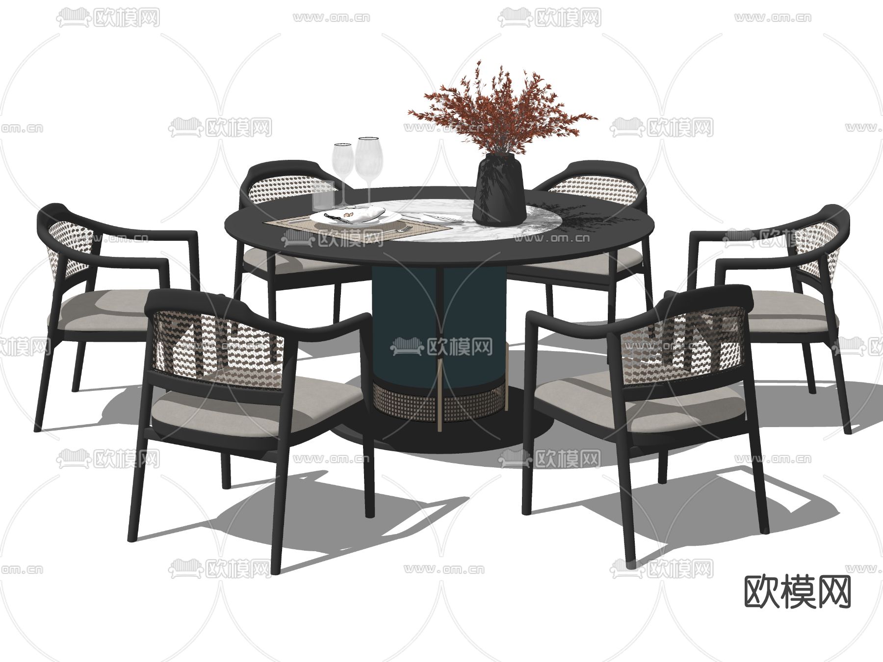 新中式圆形餐桌椅su模型