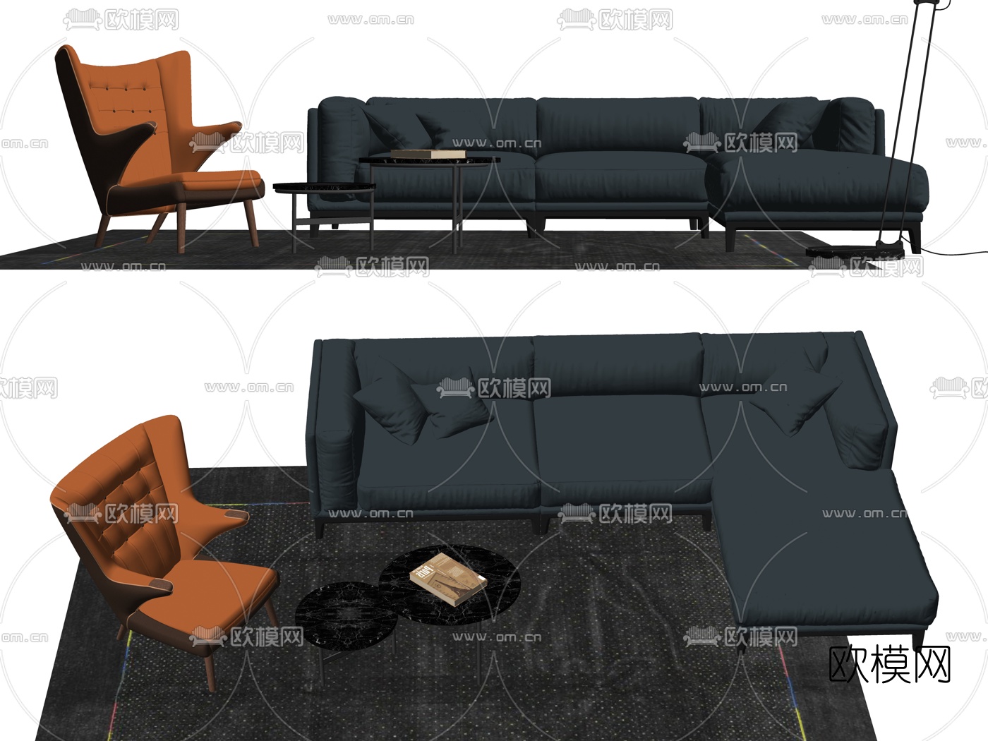 现代皮革转角沙发su模型
