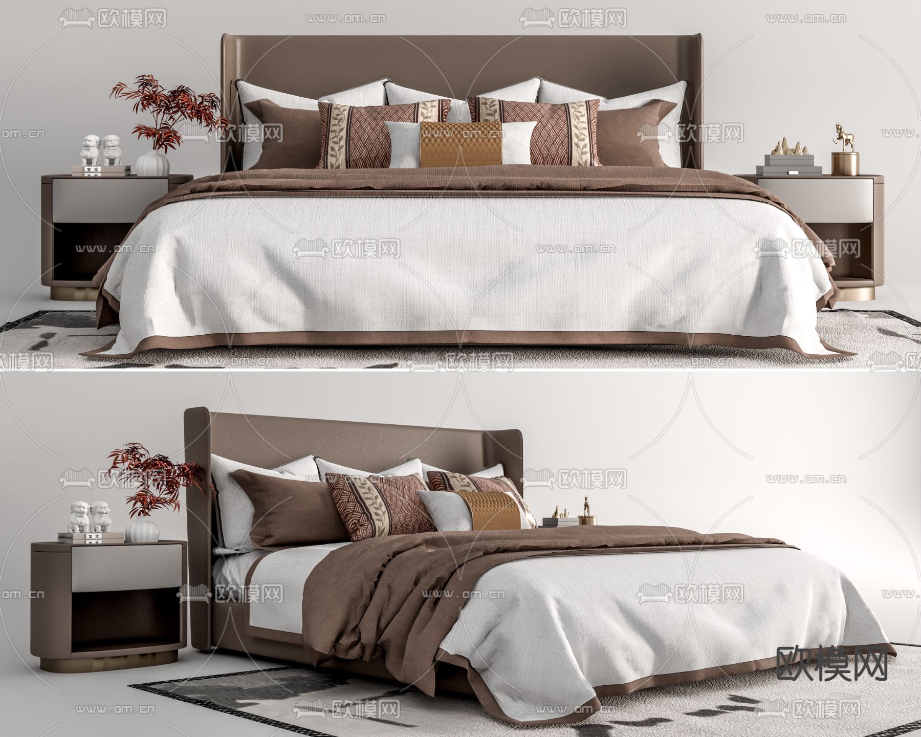 新中式布艺双人床su模型下载（渲染图1）