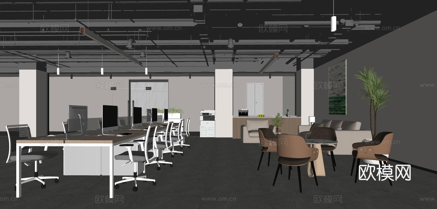 工业风办公室 公共办公区su模型下载（渲染图1）