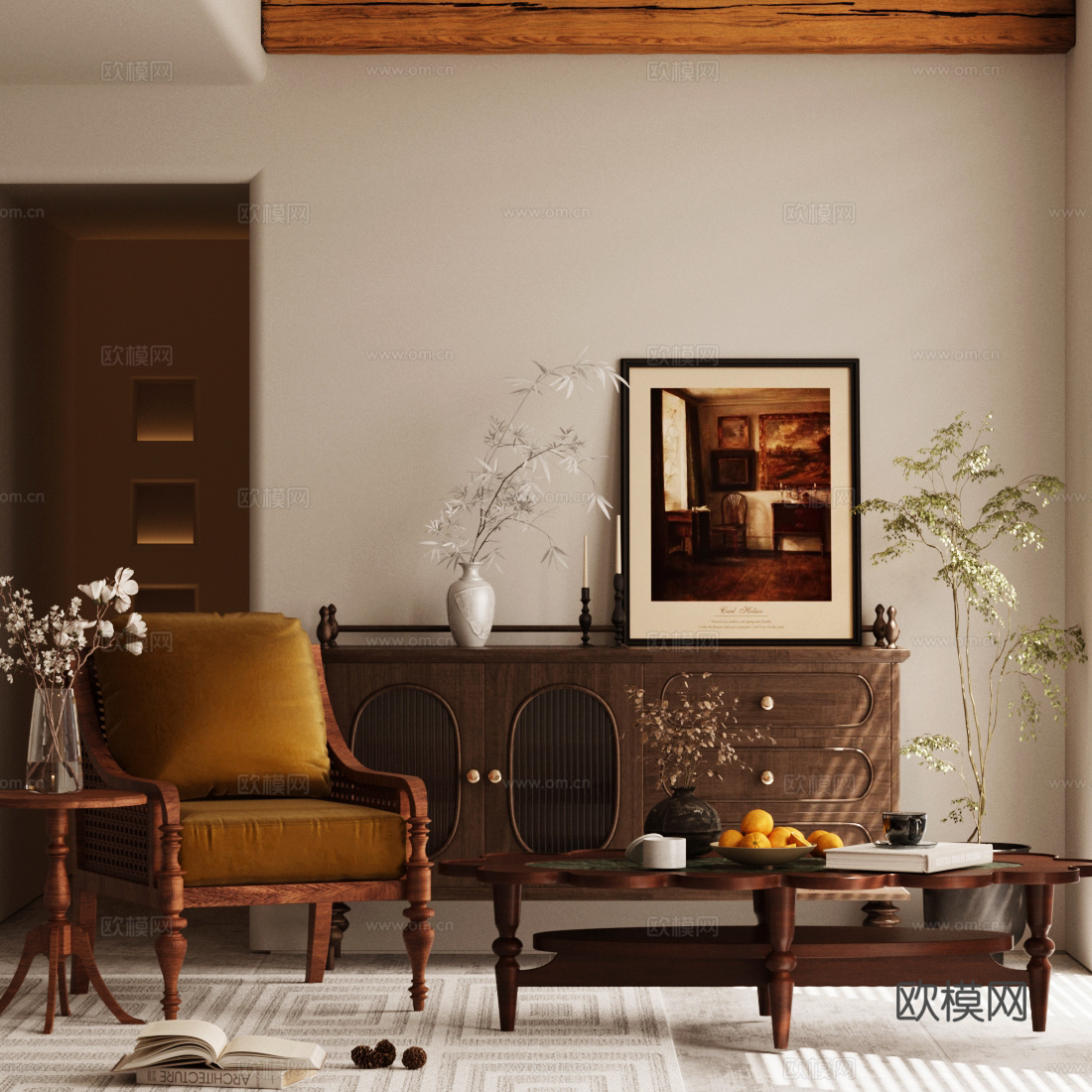 中古风休闲椅 玄关柜3d模型下载