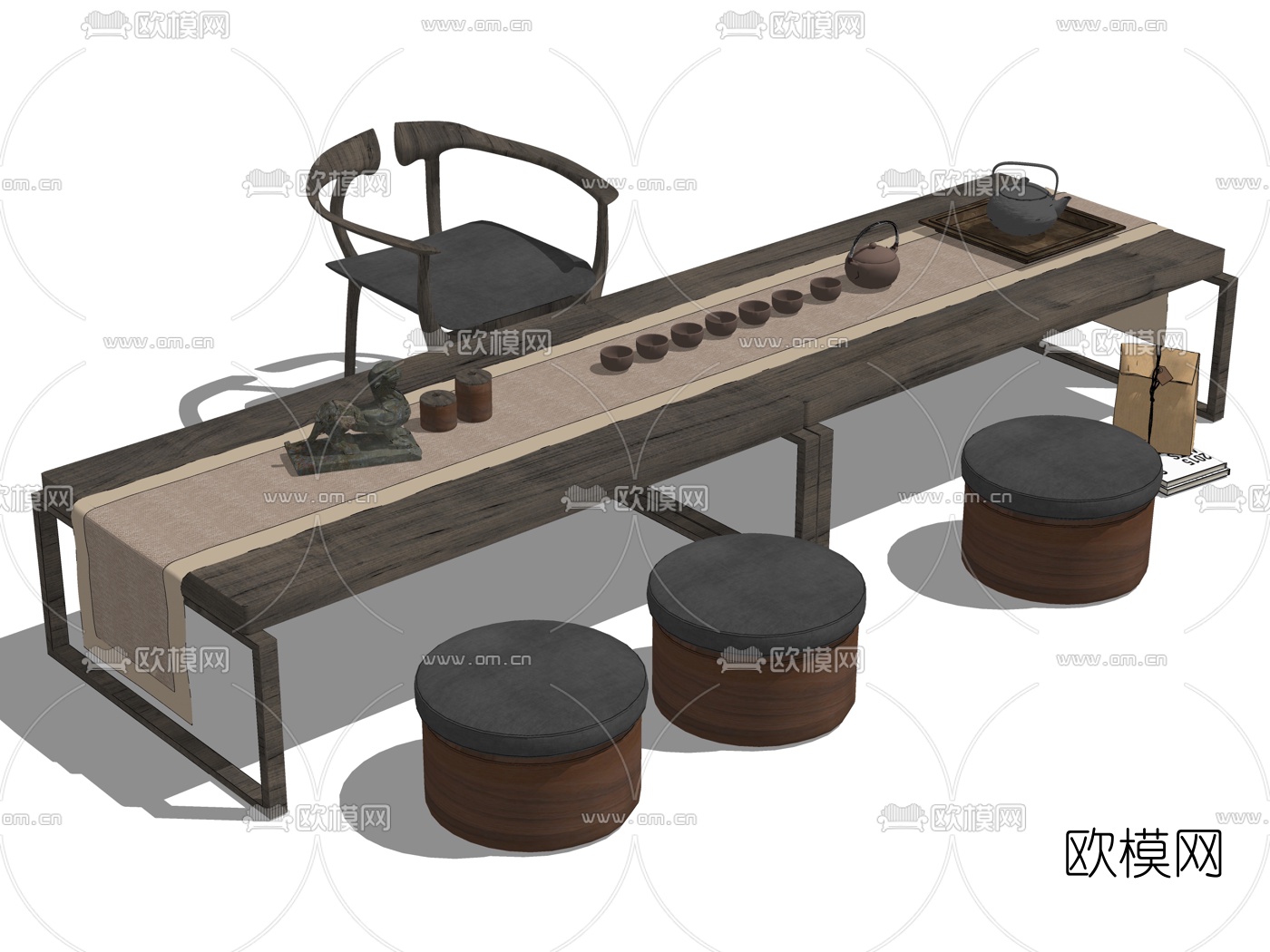 新中式实木茶桌椅su模型下载（渲染图2）