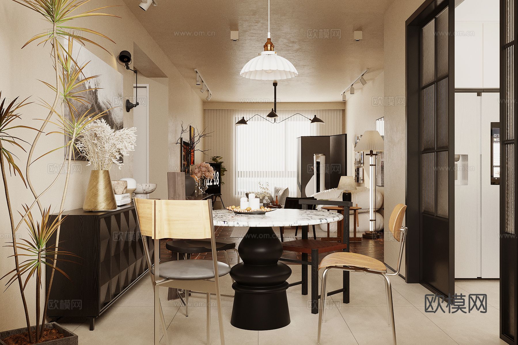 中古风客餐厅su模型下载（渲染图2）