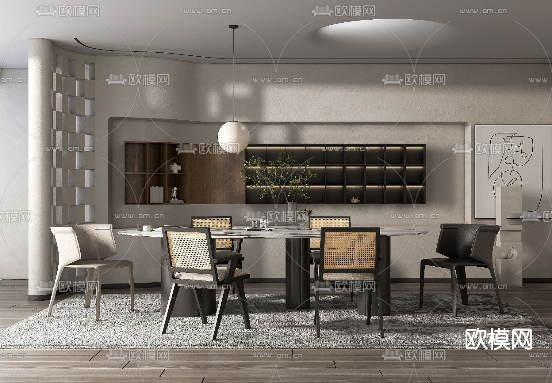 侘寂大理石餐桌椅su模型