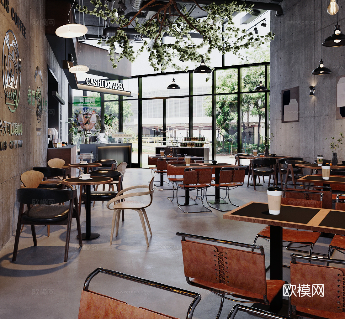工业风咖啡厅 茶餐厅 快餐厅 奶茶店 西餐厅 咖啡桌椅su模型下载（渲染图1）