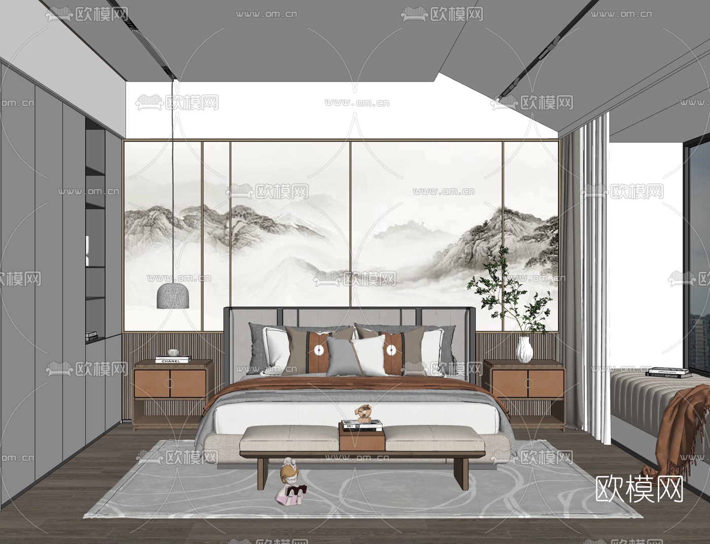 新中式卧室su模型
