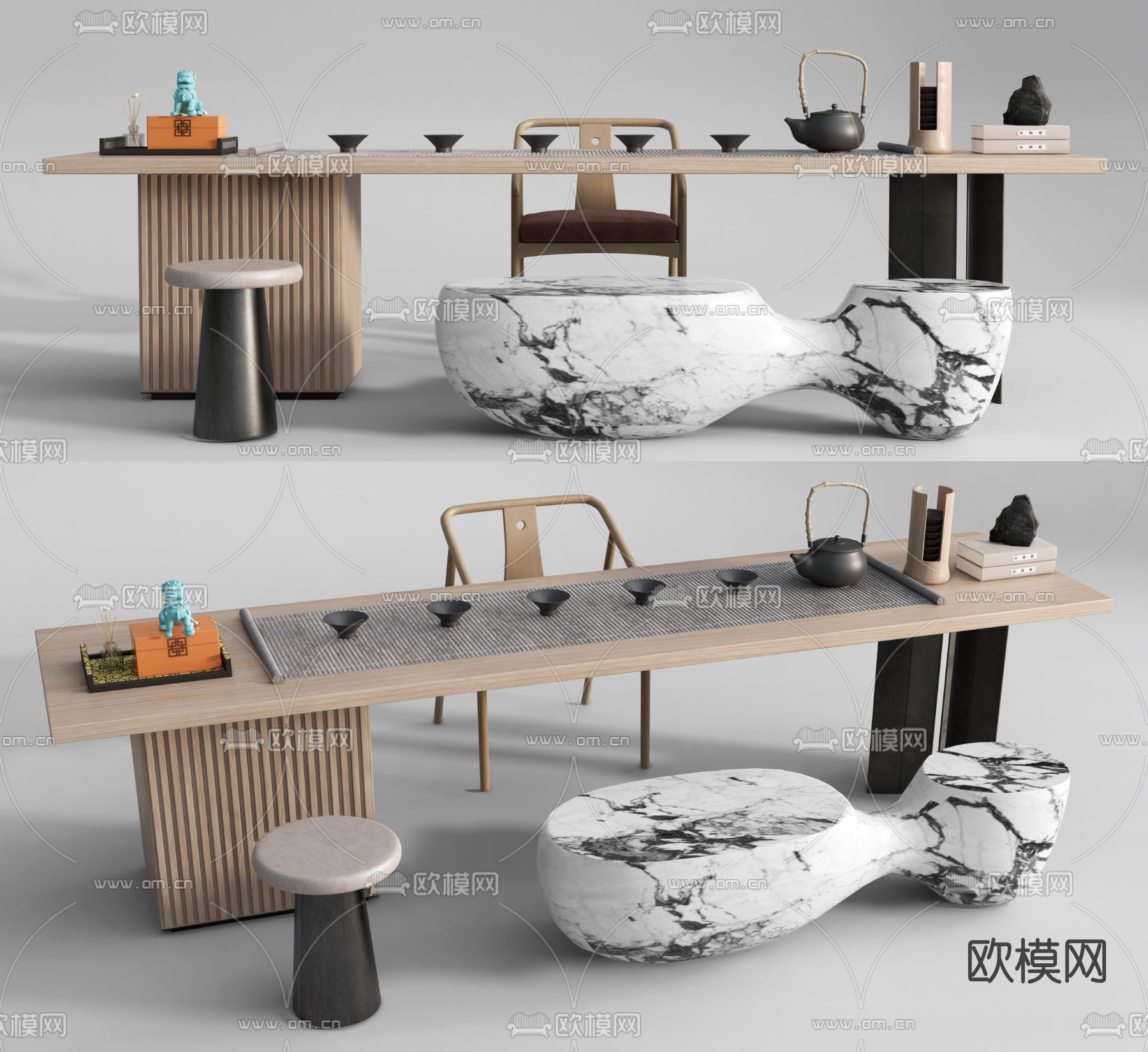 新中式实木茶桌椅su模型