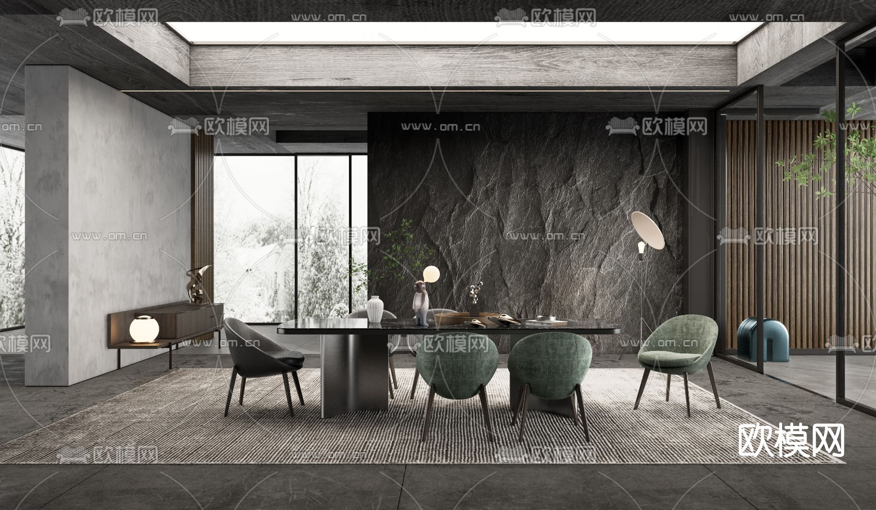 现代大理石餐桌椅su模型下载（渲染图1）