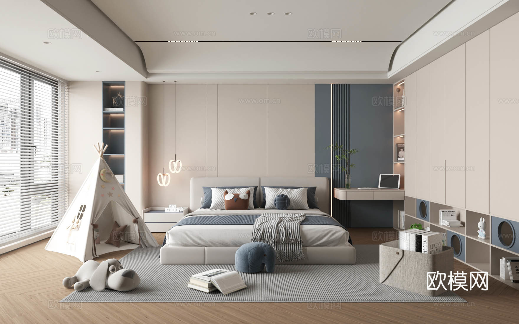 奶油风儿童房 儿童双人床 床头柜 玩具玩偶 高级灰卧室 儿童su模型